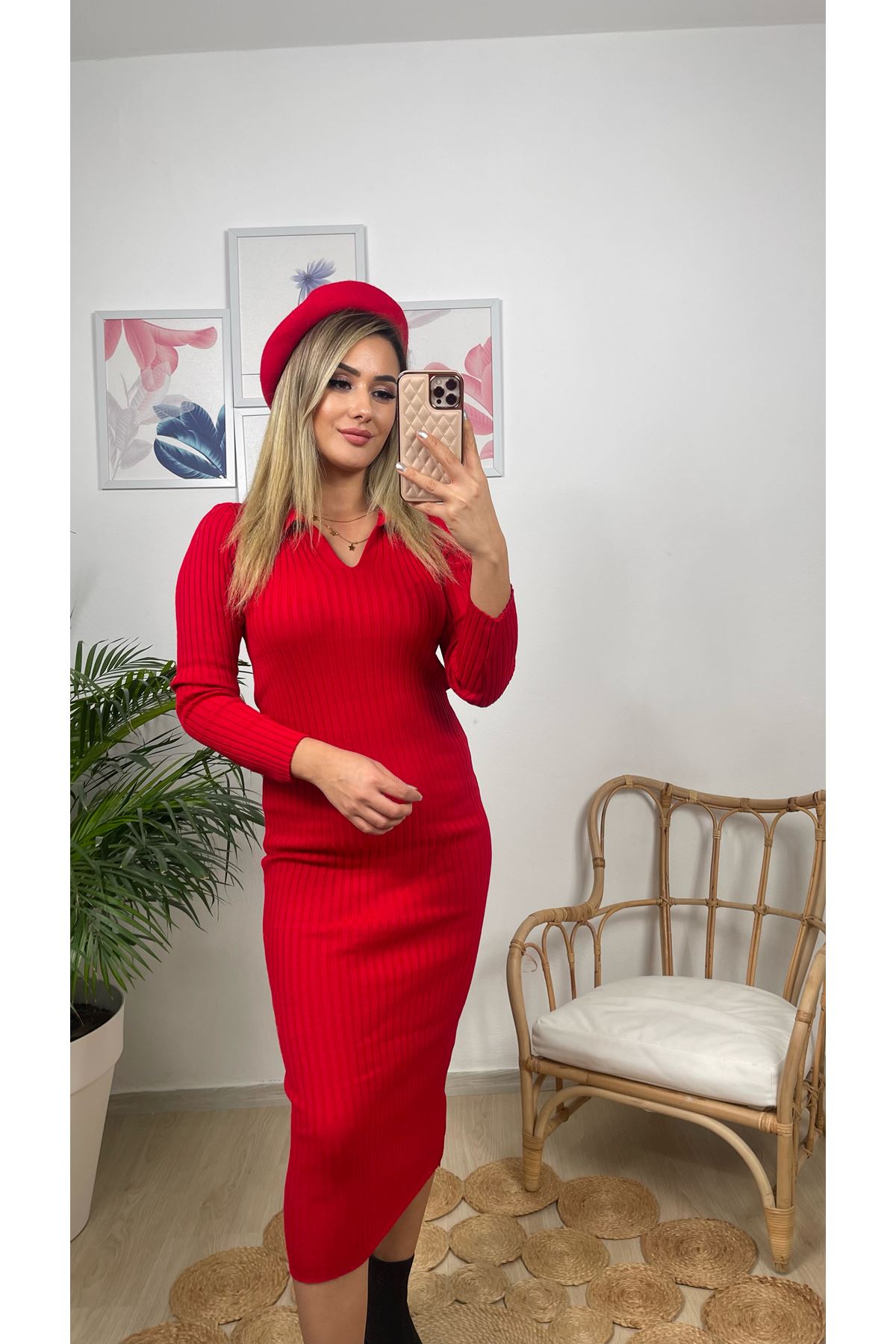 POLO YAKA TRİKO ELBİSE-KIRMIZI