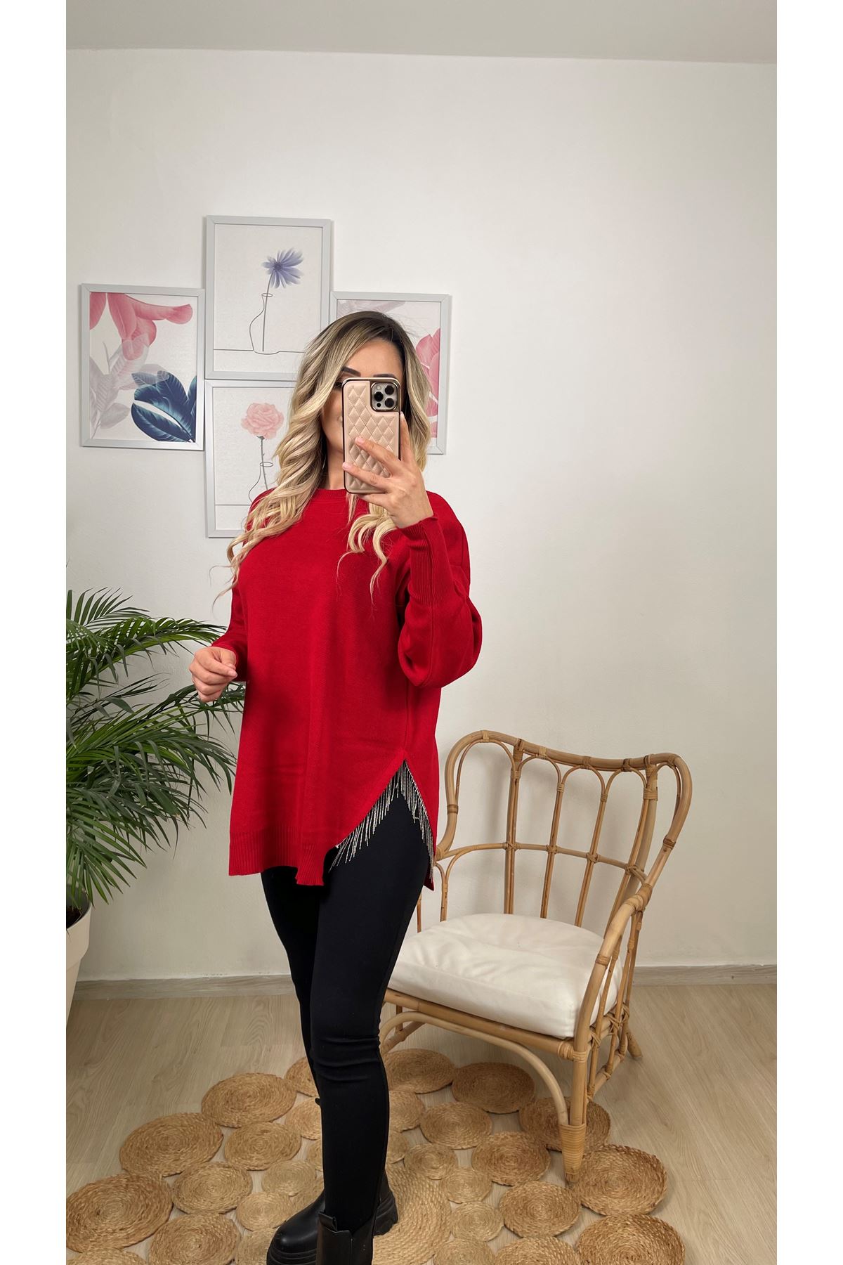 yanı saçaklı triko bluz-kırmızı