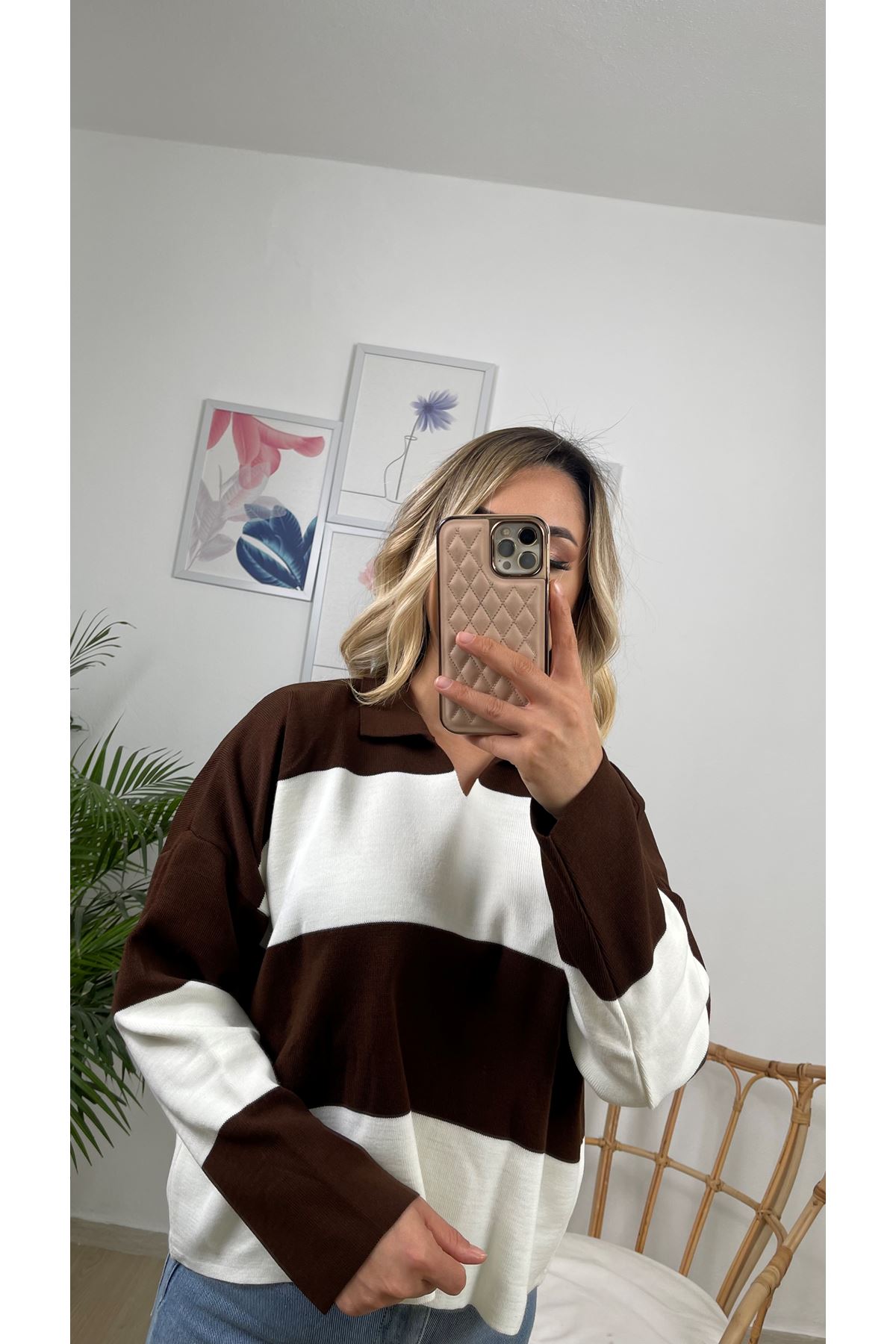 iki renk polo yaka triko bluz-kahve beyaz