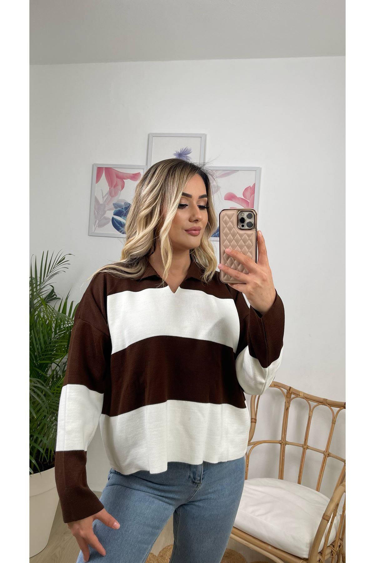 iki renk polo yaka triko bluz-kahve beyaz