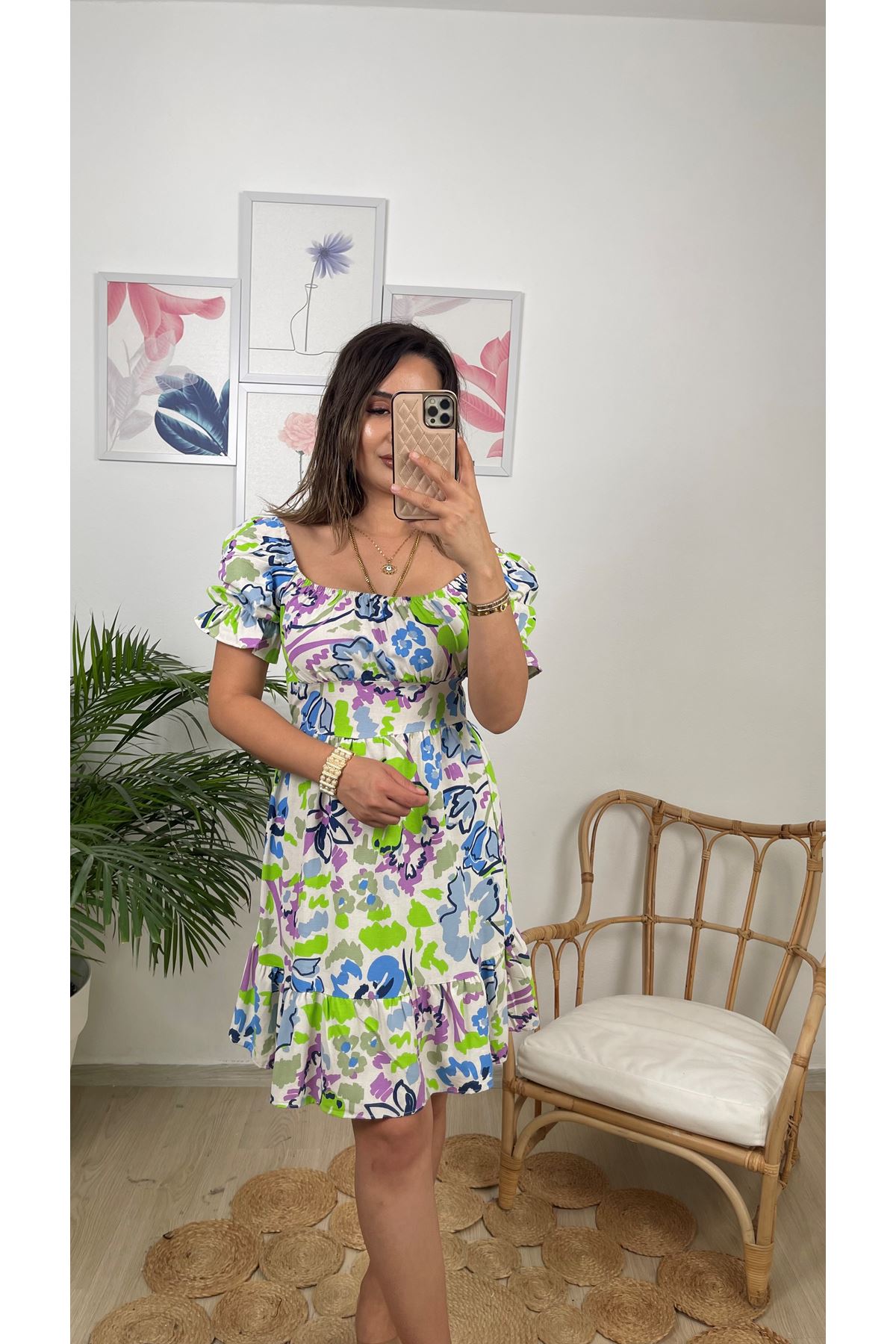 çiçekli keten elbise- yeşil