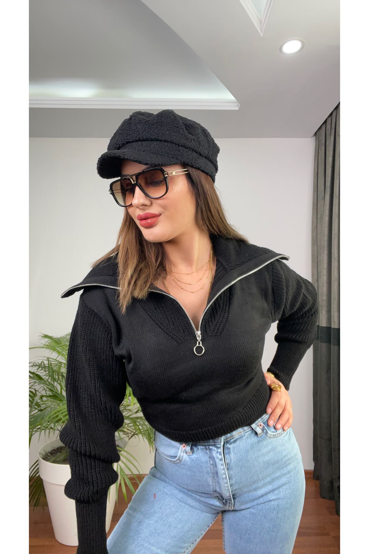 fermuarlı kazak- siyah