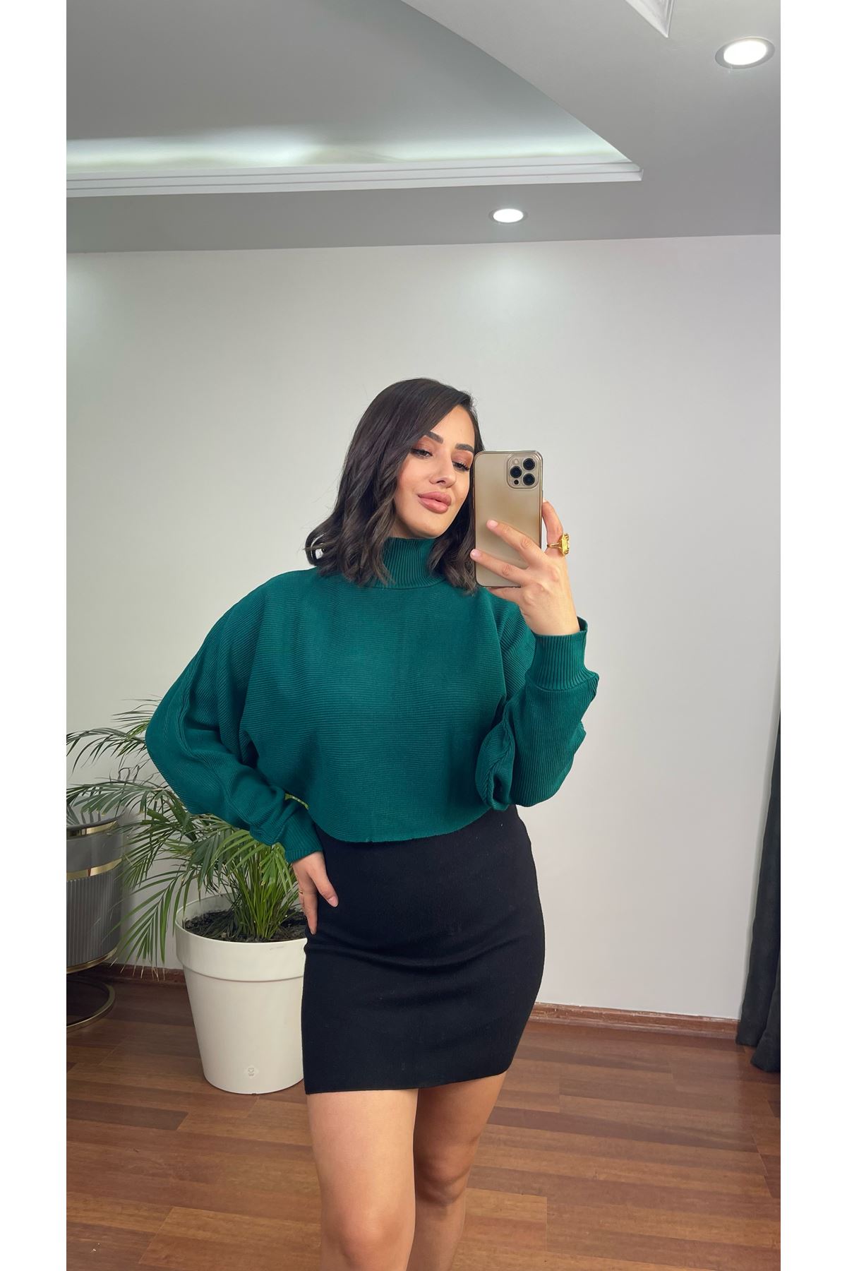 yarasa kol triko crop- yeşil