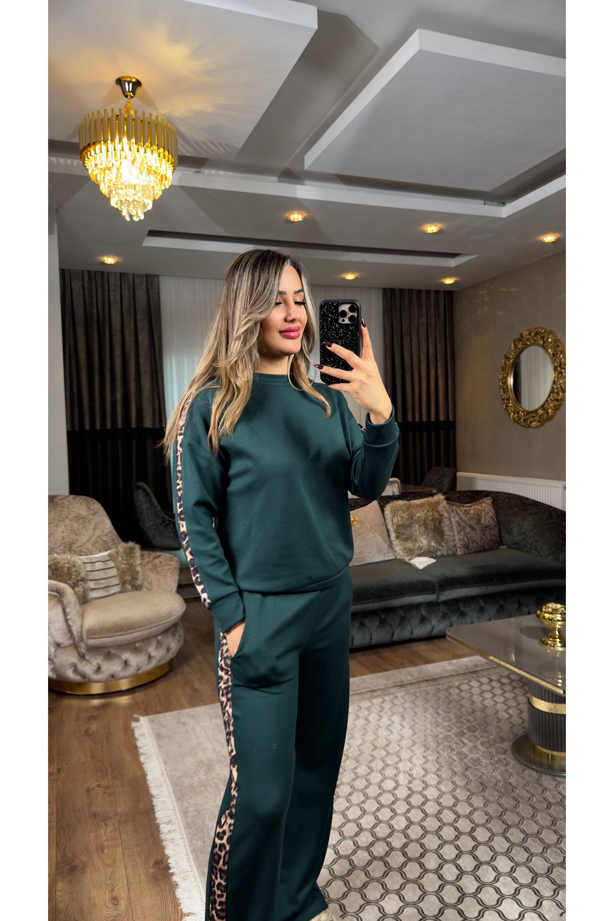 Leopar Garnili Eşofman Takımı- Zümrüt 