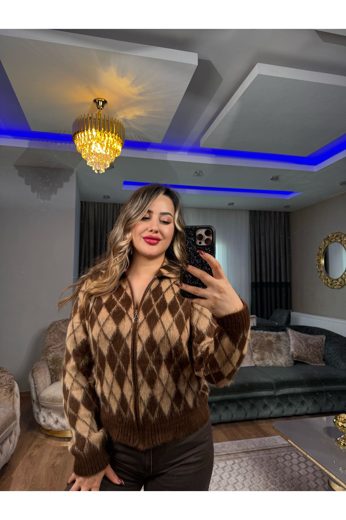 desenli yumoş triko ceket-kahve