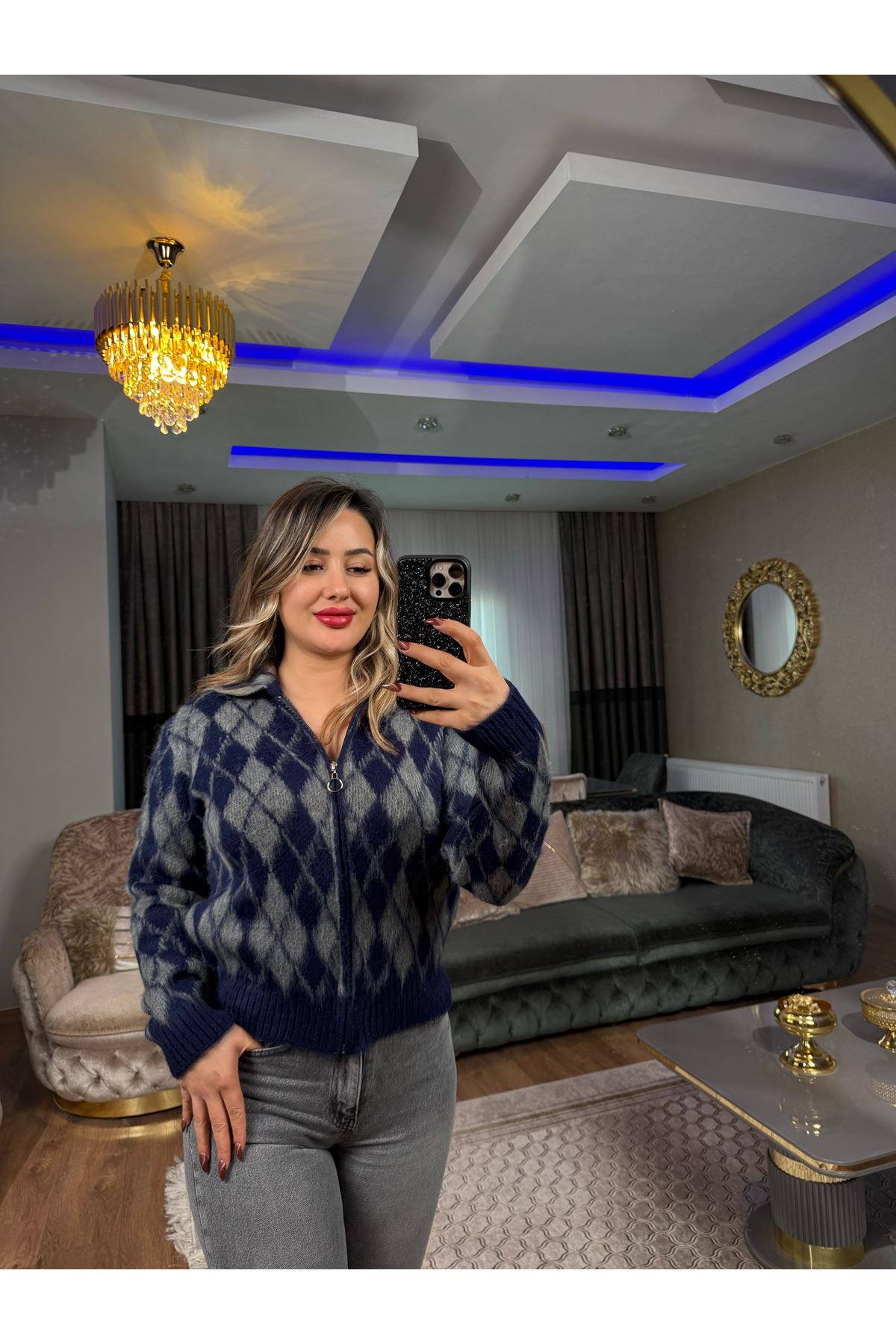 desenli yumoş triko ceket-lacivert