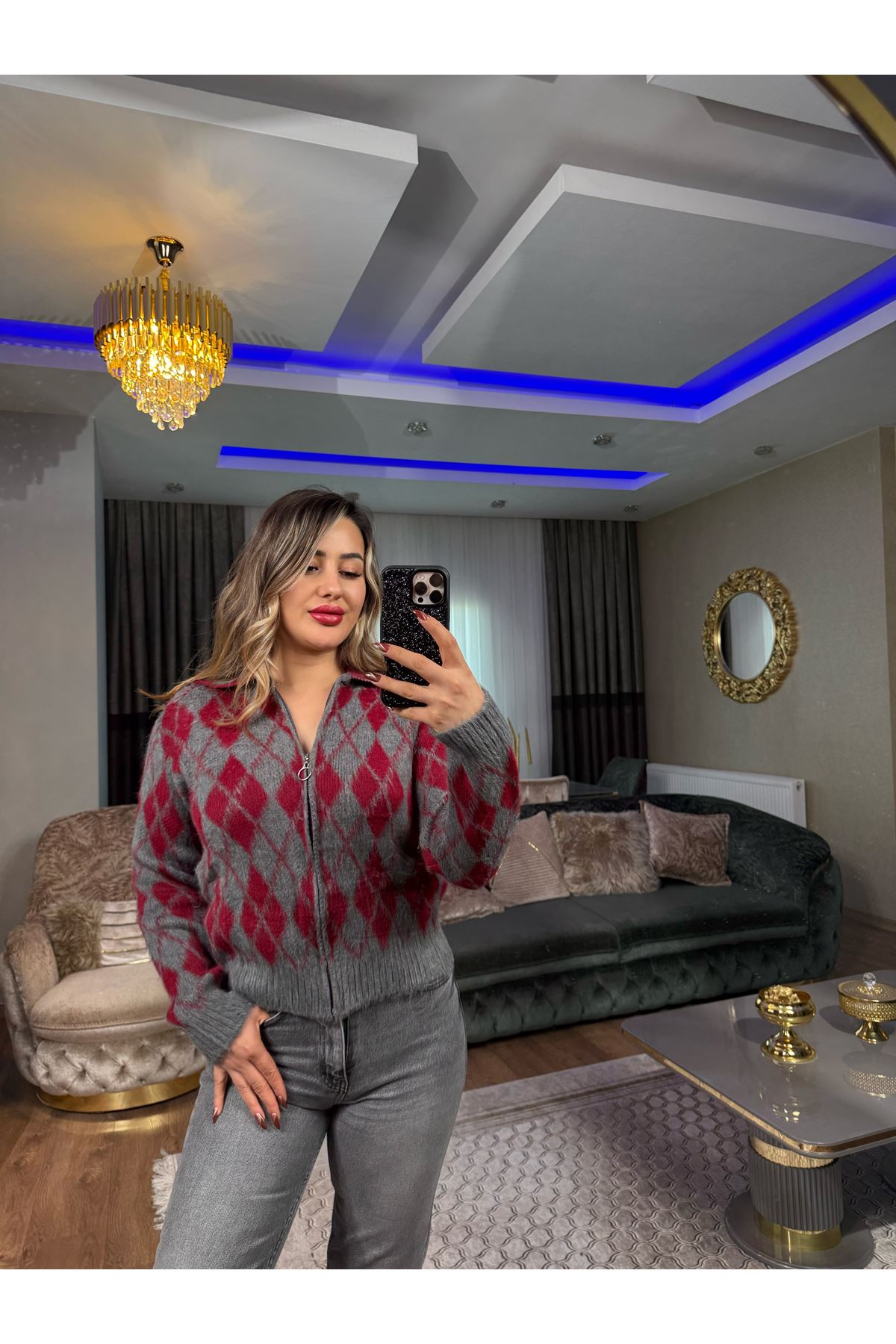 desenli yumoş triko ceket-kırmızı