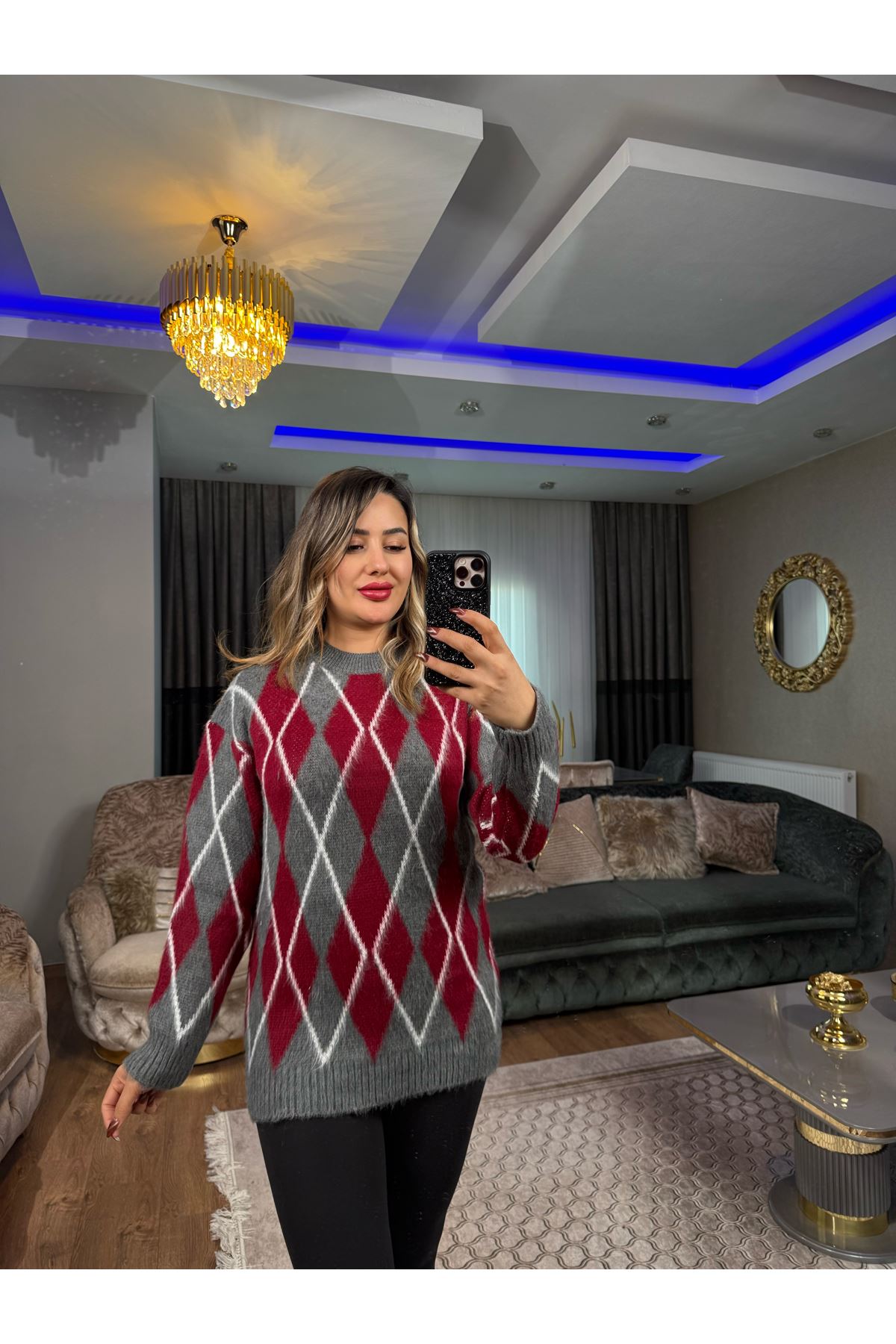 bisiklet yaka desenli salaş triko kazak-kırmızı