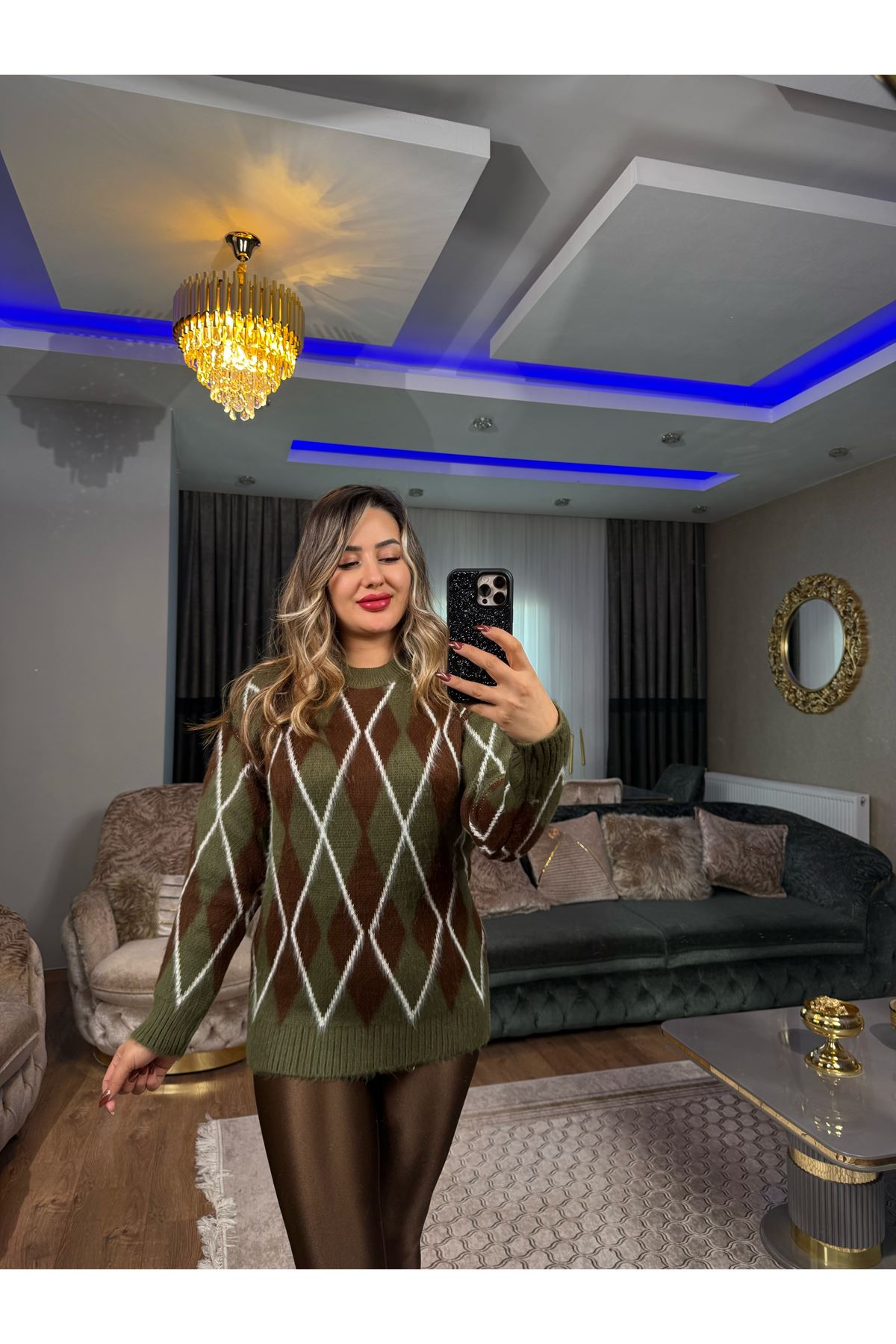 bisiklet yaka desenli salaş triko kazak-haki