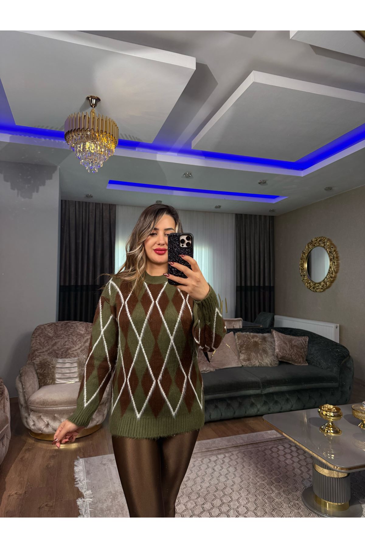 bisiklet yaka desenli salaş triko kazak-haki