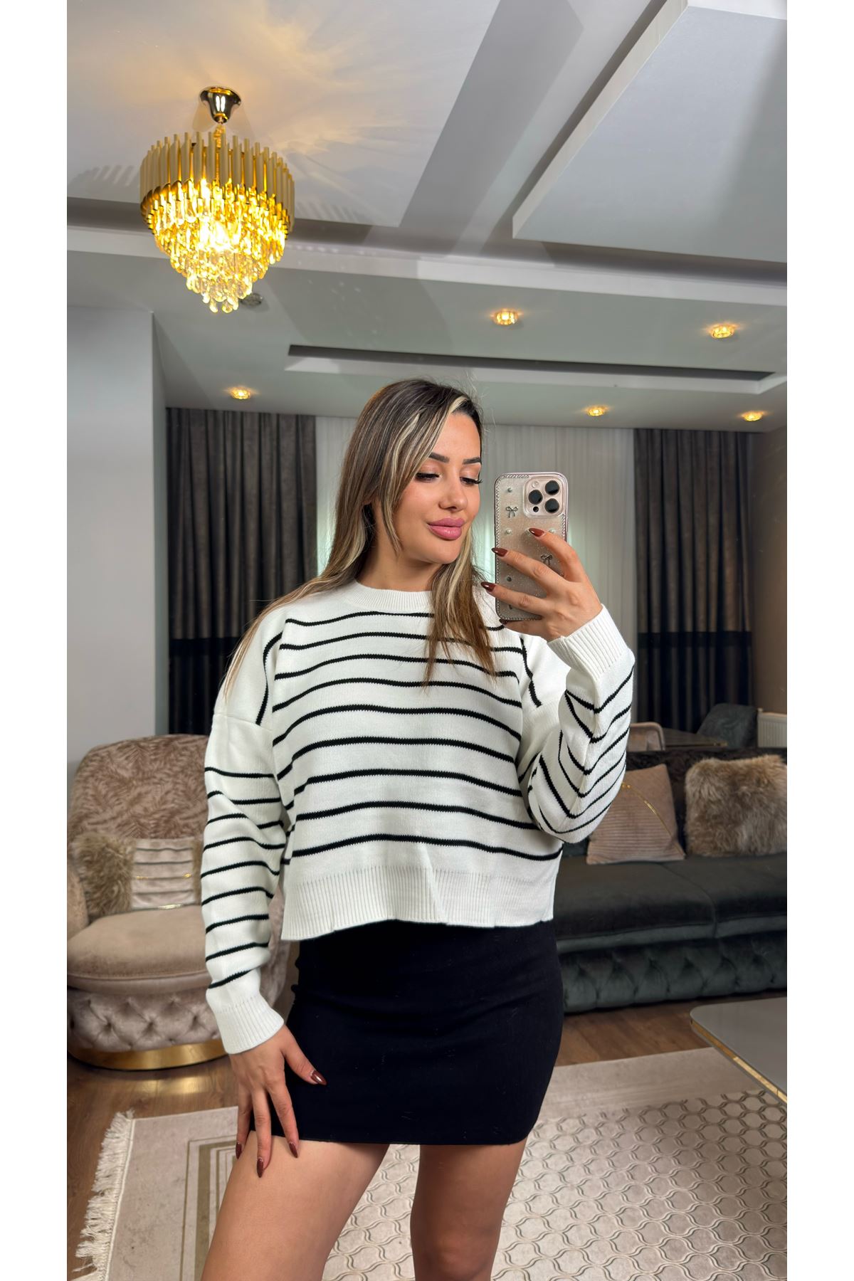 Çizgili Bisiklet Yaka Triko Beyazsiyah