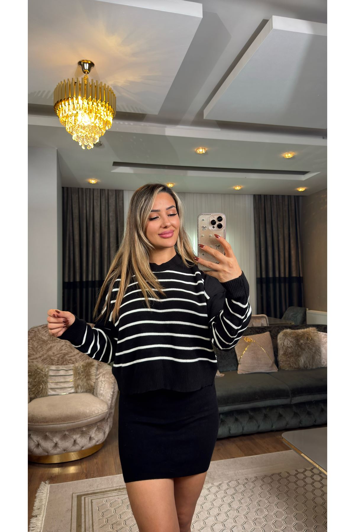 Çizgili Bisiklet Yaka Triko Siyahbeyaz