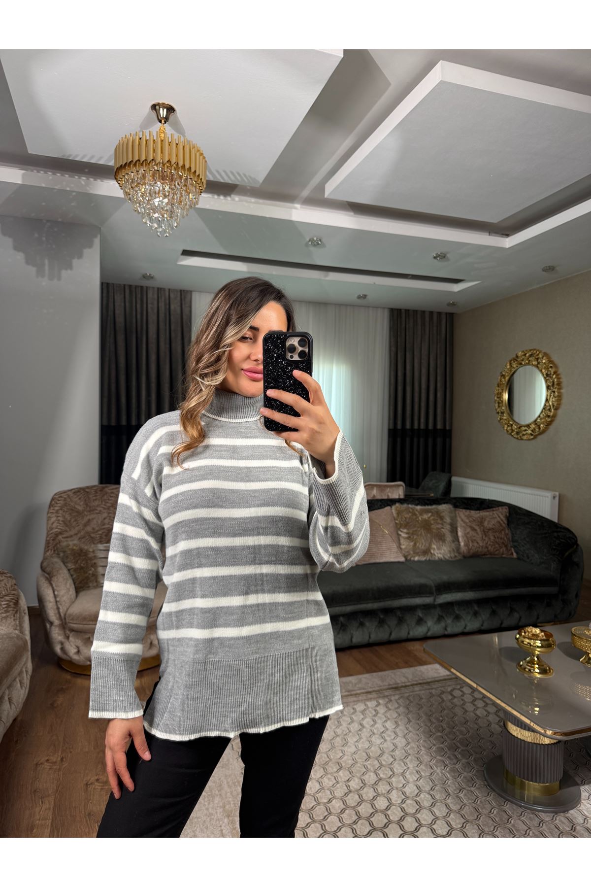 boğazlı çizgili kazak- gri