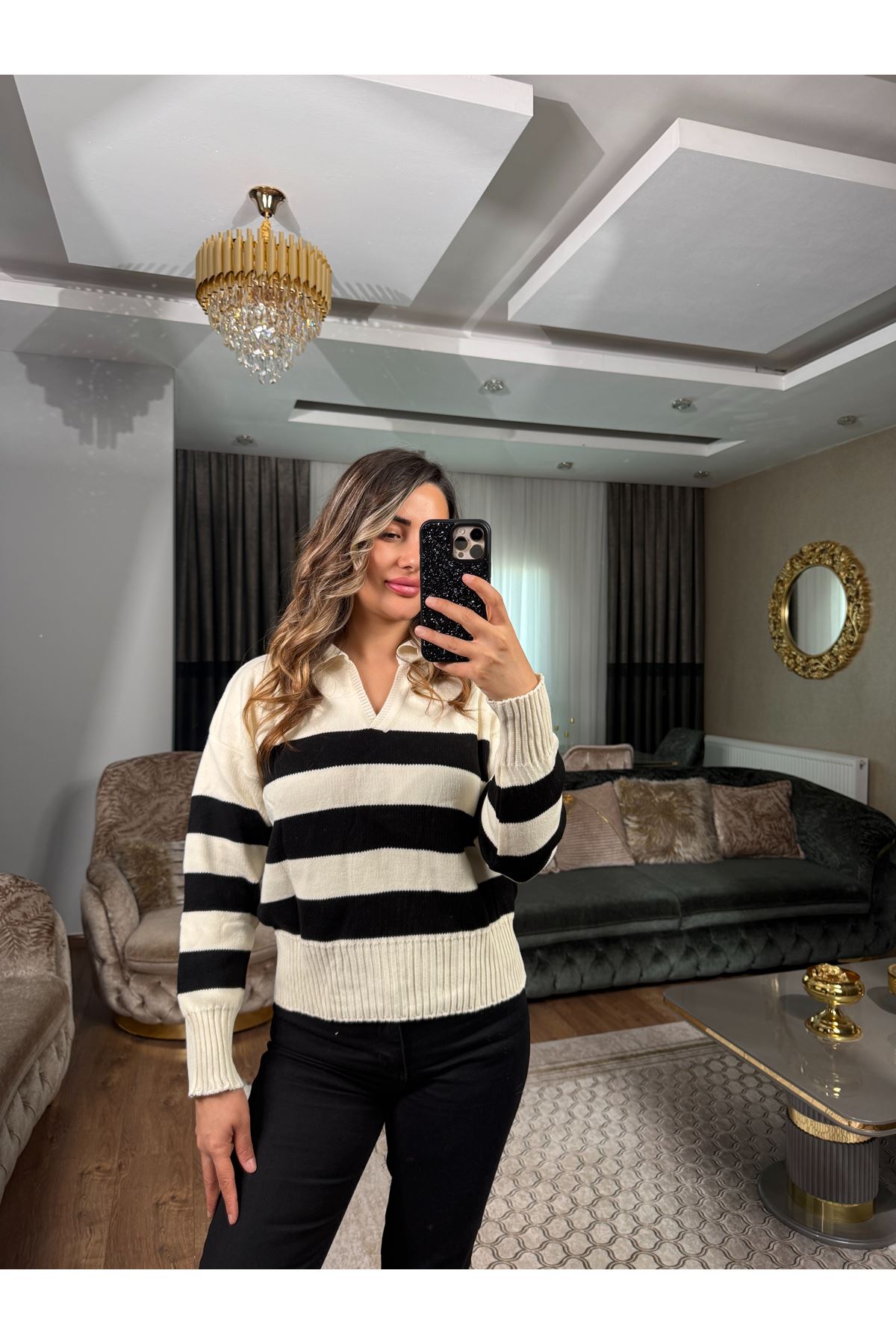 polo yaka kalın çizgili kazak - krem