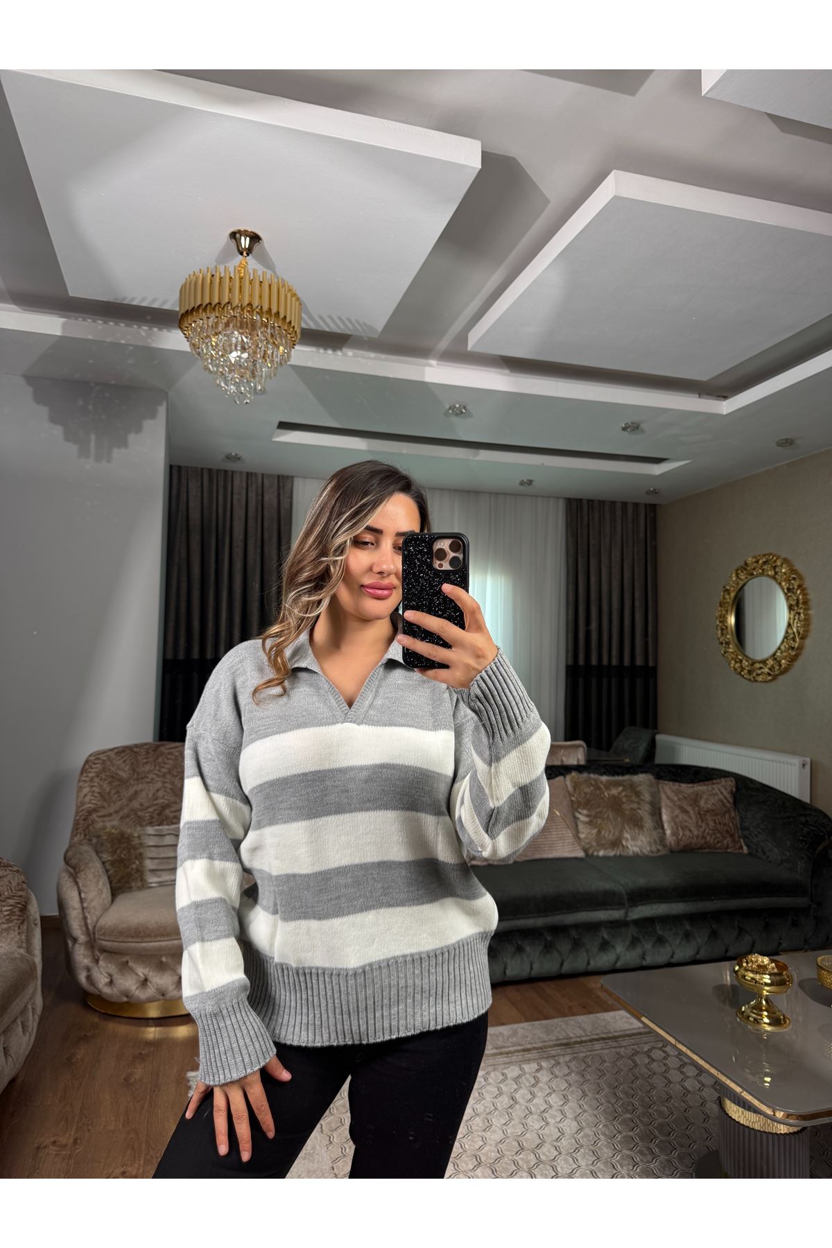 polo yaka kalın çizgili kazak - gri