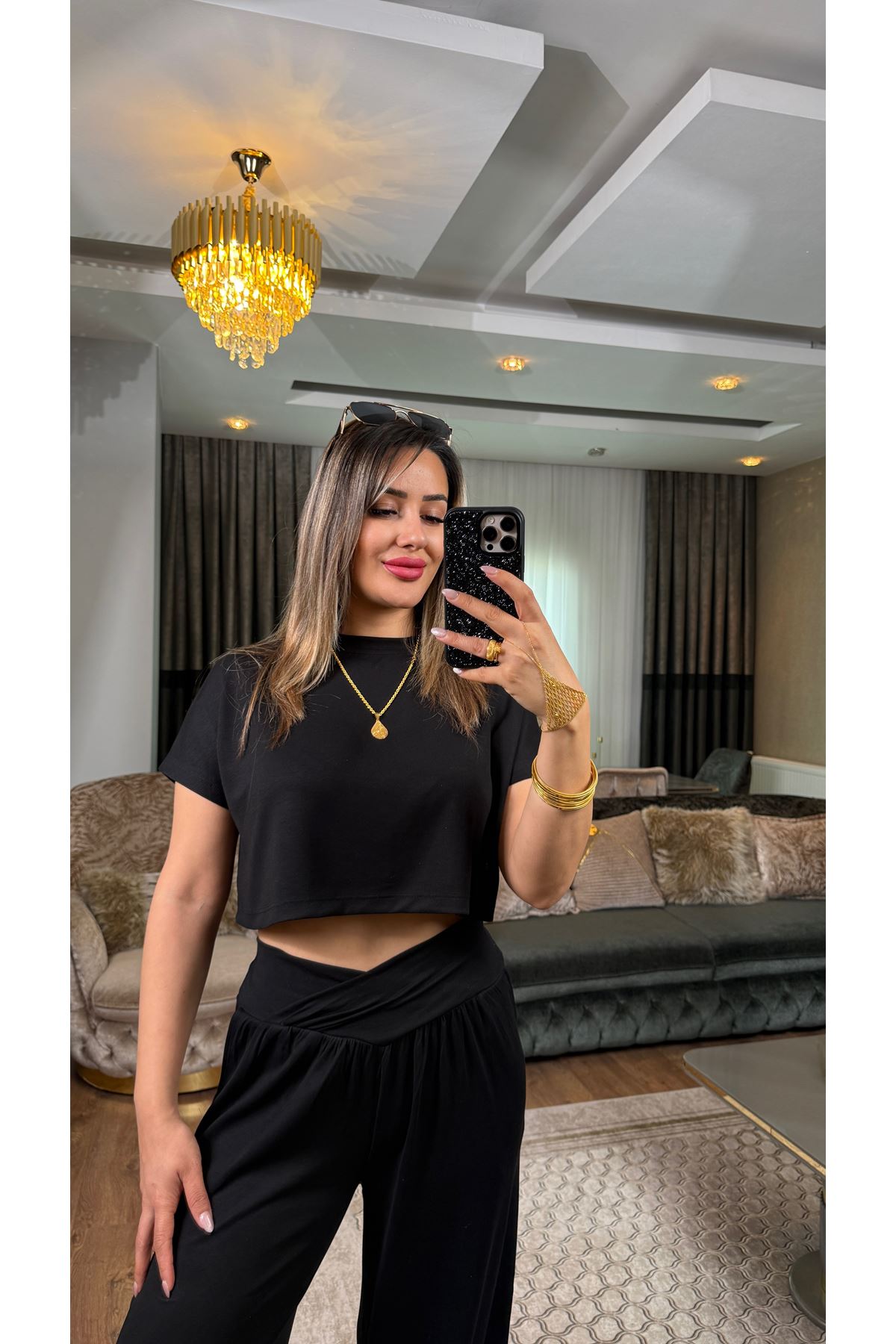 oysho bel detay bisiklet yaka takım-siyah