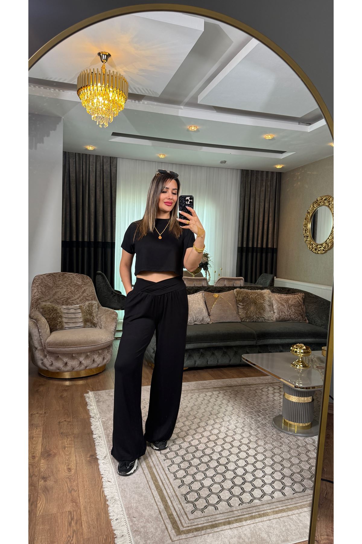 oysho bel detay bisiklet yaka takım-siyah