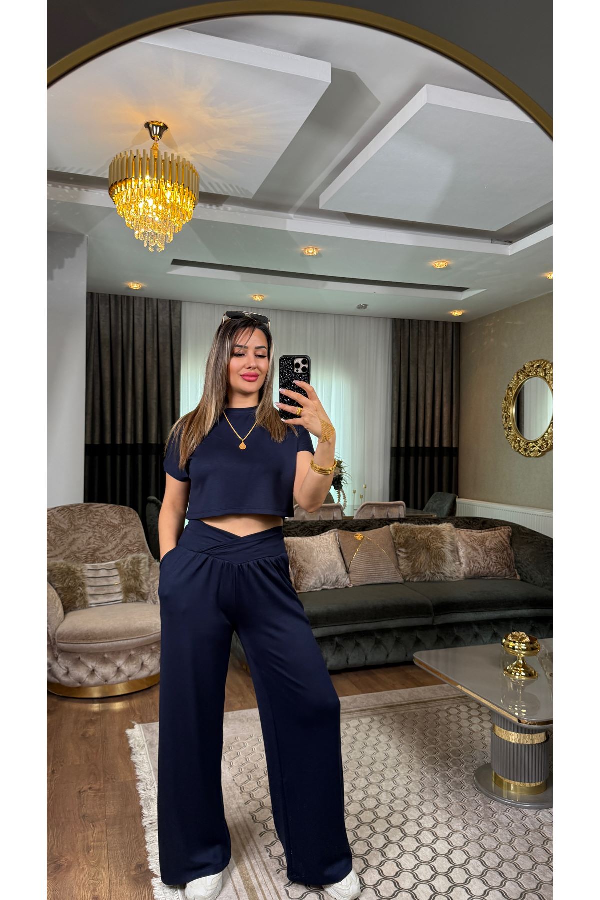 oysho bel detay bisiklet yaka takım-lacivert