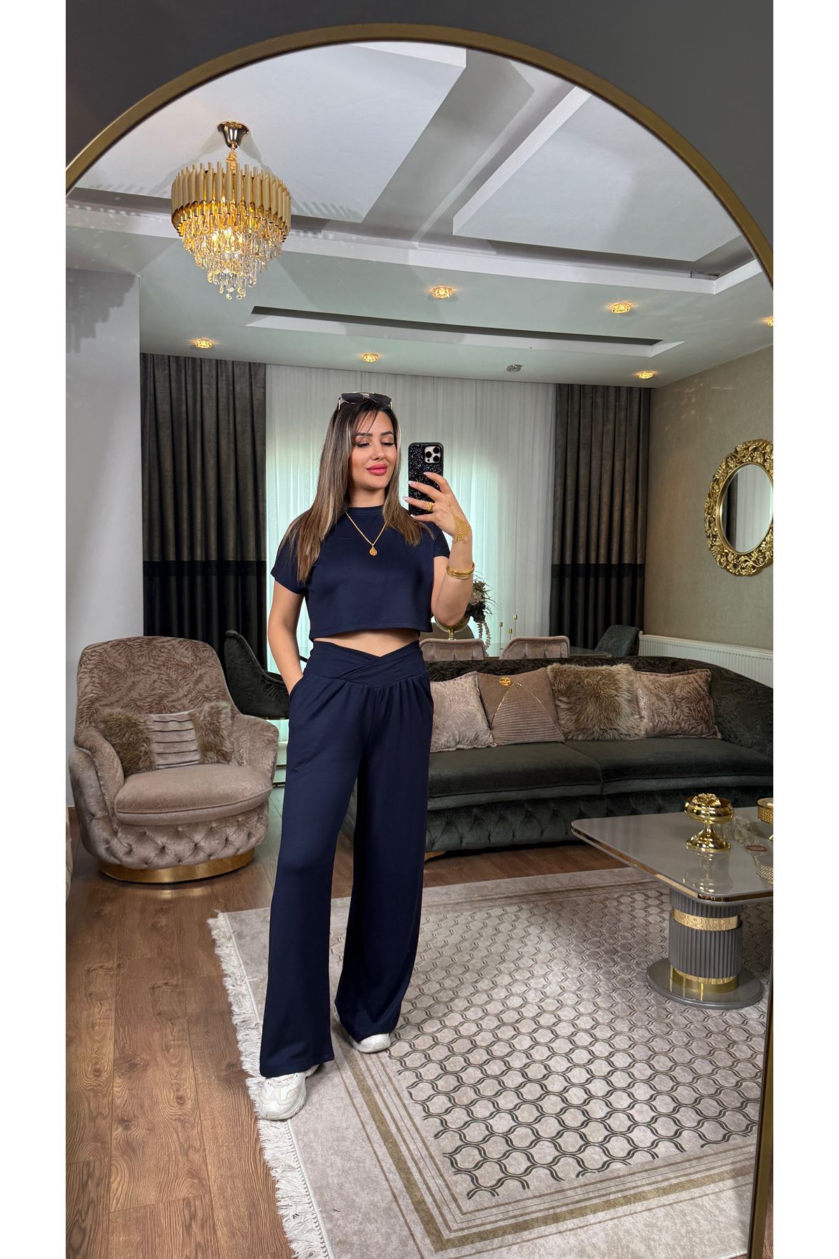 oysho bel detay bisiklet yaka takım-lacivert