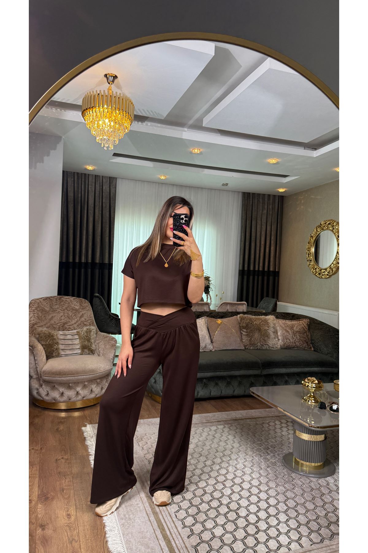 oysho bel detay bisiklet yaka takım-kahve