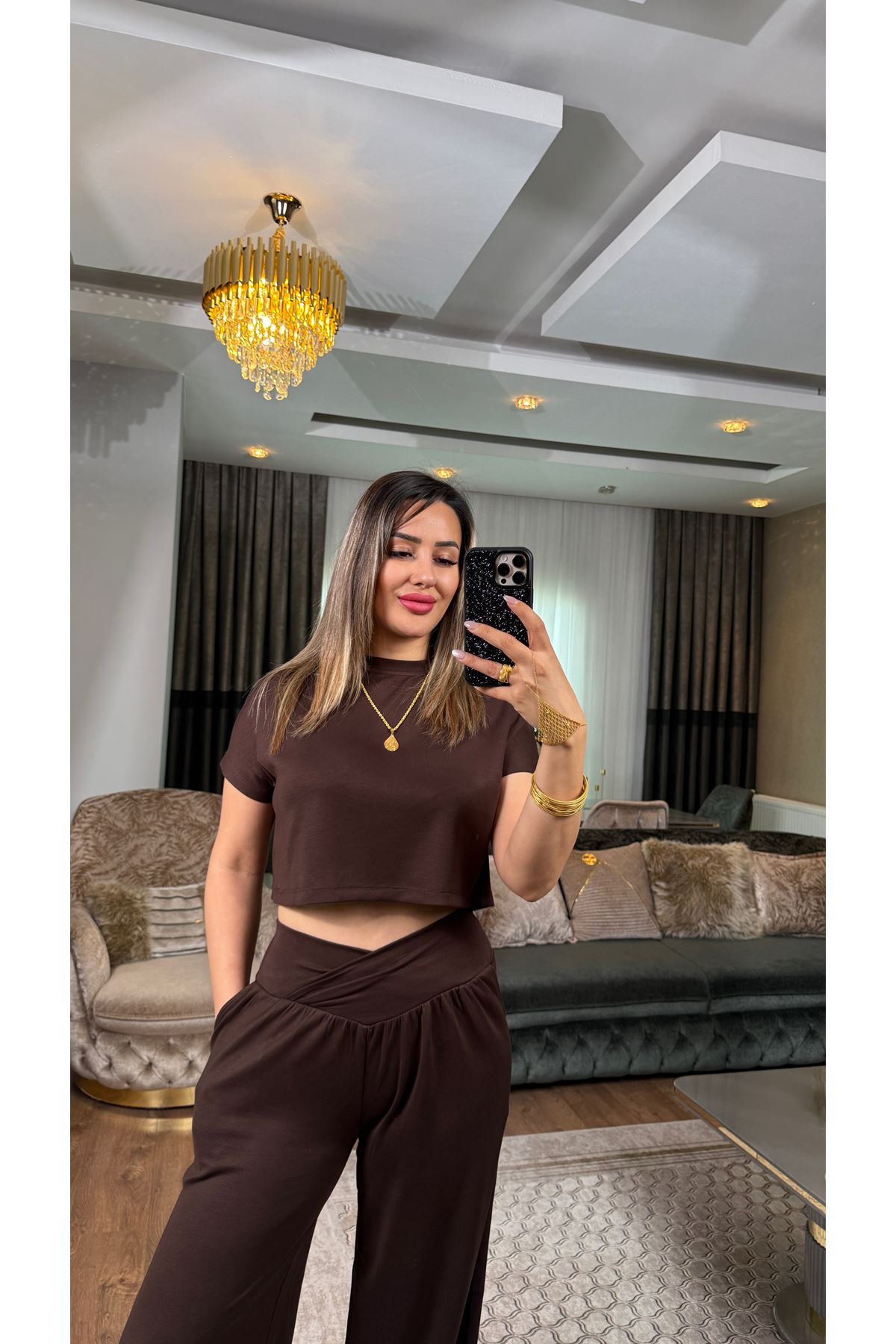 oysho bel detay bisiklet yaka takım-kahve