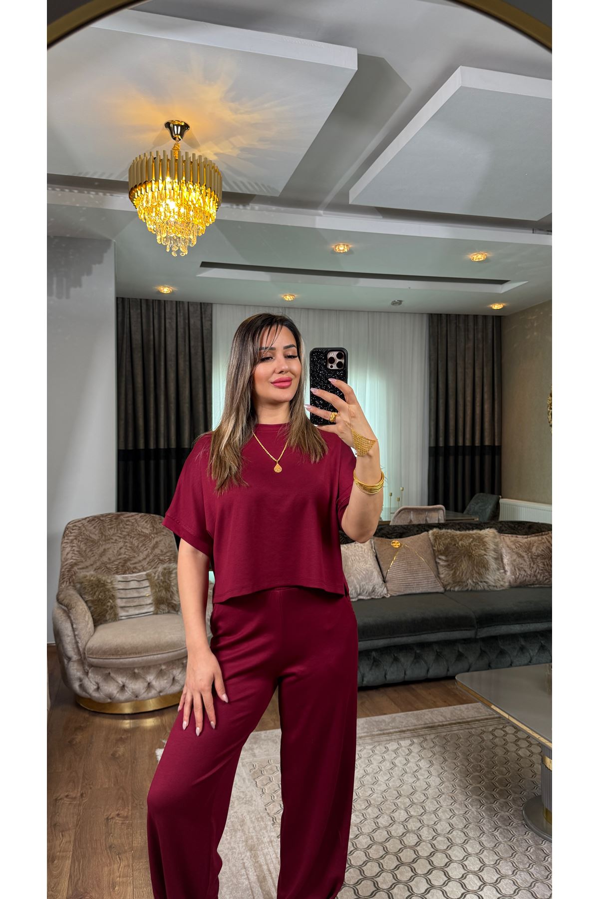 oysho bilek detay bisiklet yaka takım-bordo