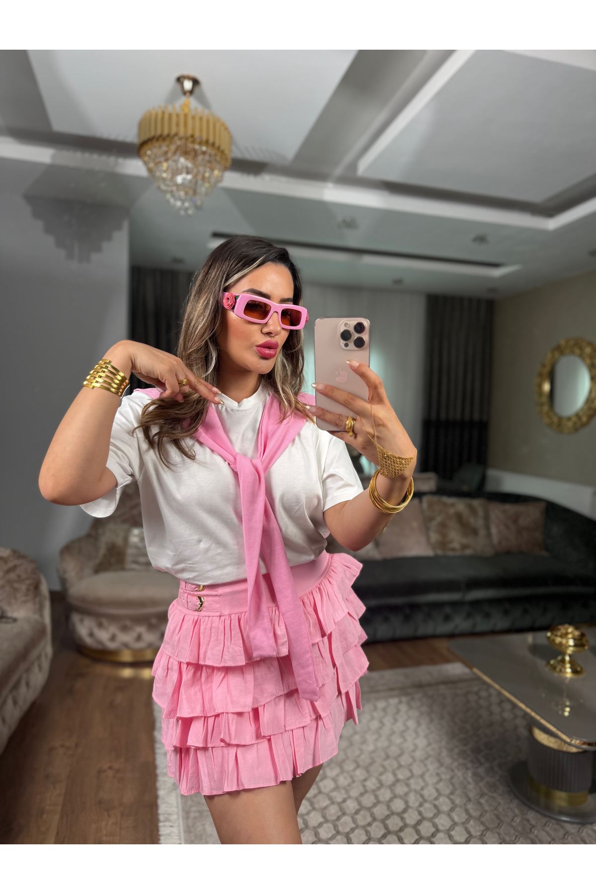 fırfırlı mini etek-pembe