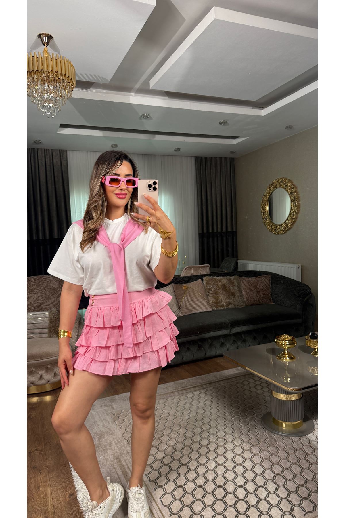 fırfırlı mini etek-pembe