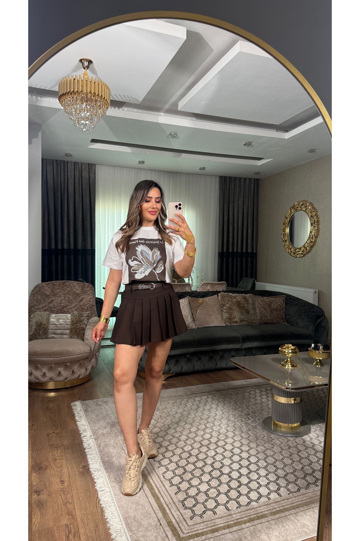 Quzu Kemer Detaylı Pileli Mini Etek-acıkahve