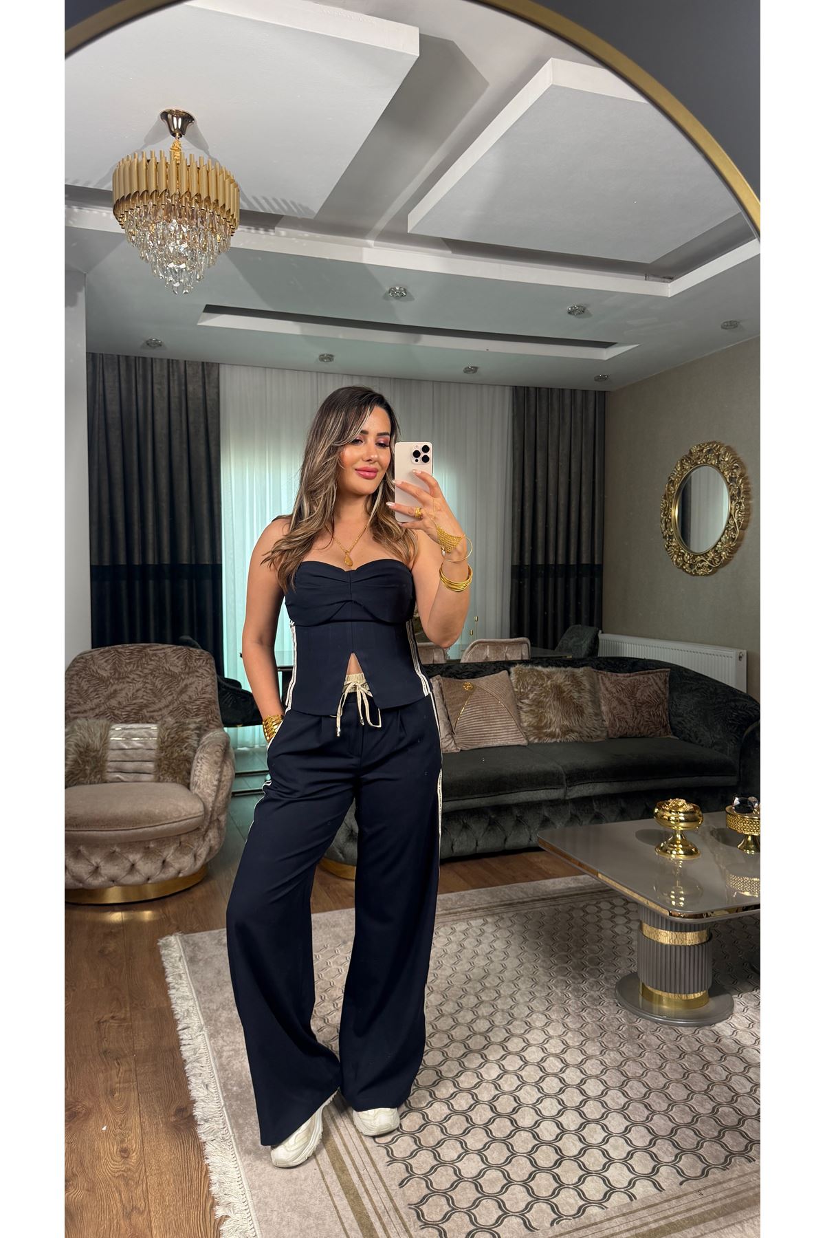 Quzu Şerit Yazı Detaylı straplez ikili takım-lacivert