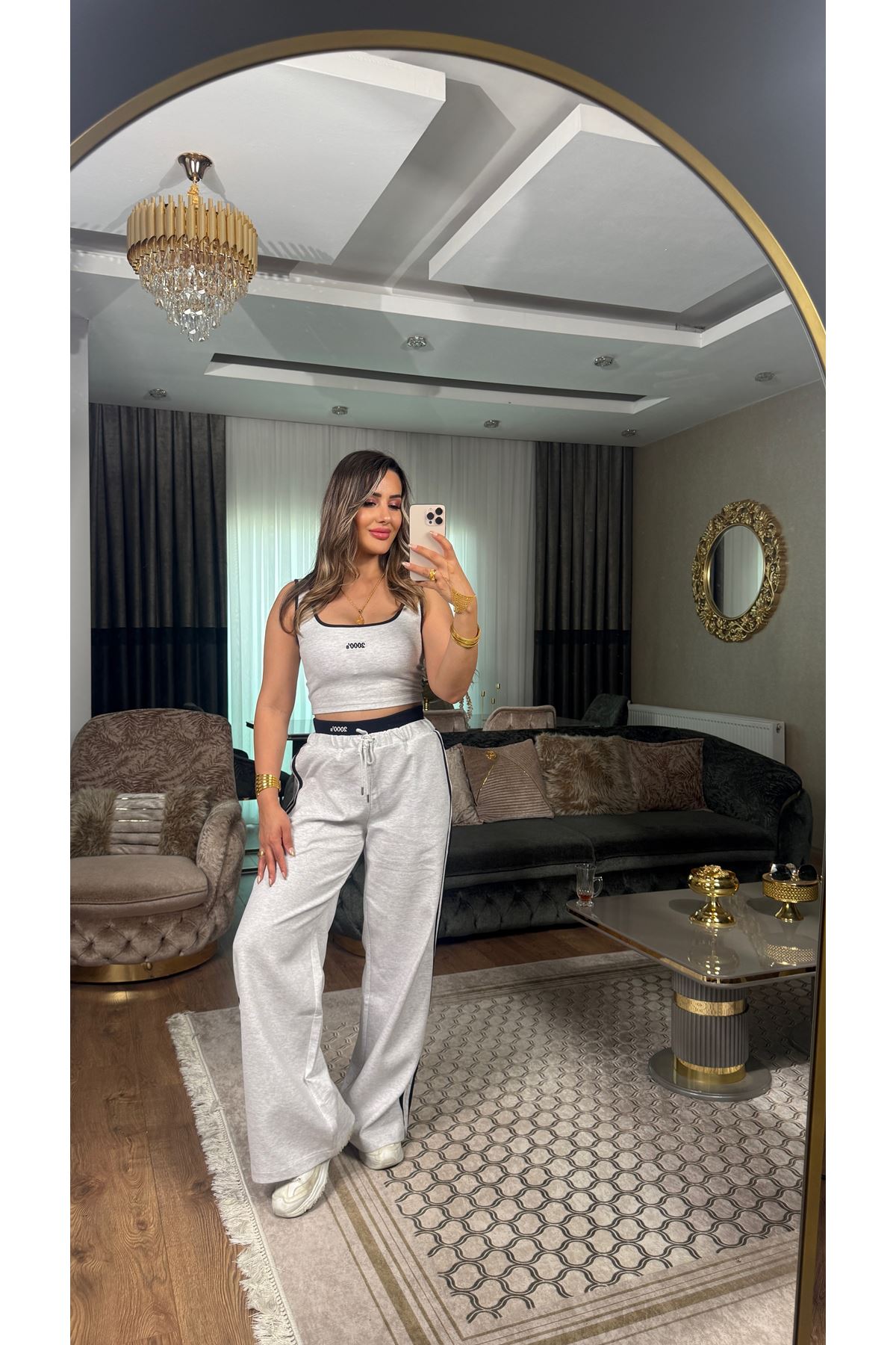 Quzu 2000 işlemeli bel detay ikili takım-gri