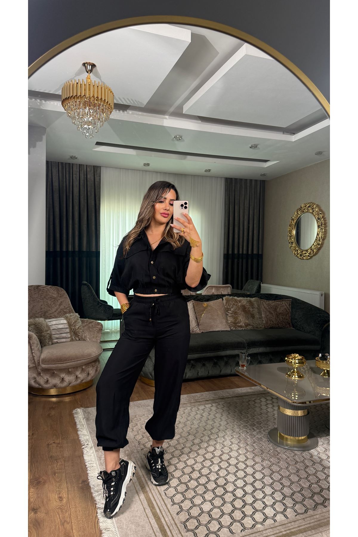 düğmeli kargo takım-siyah