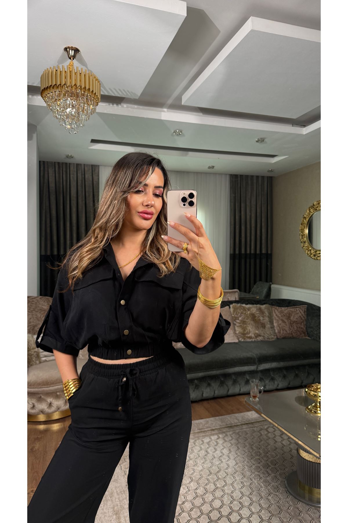 düğmeli kargo takım-siyah