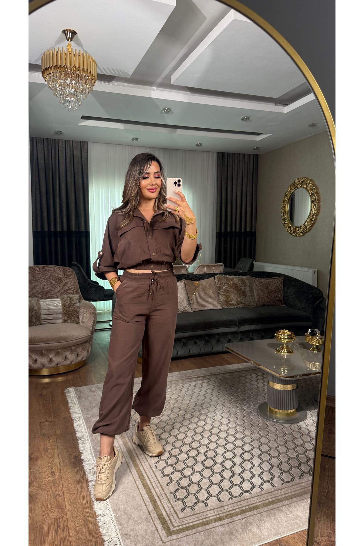 düğmeli kargo takım-acıkahve