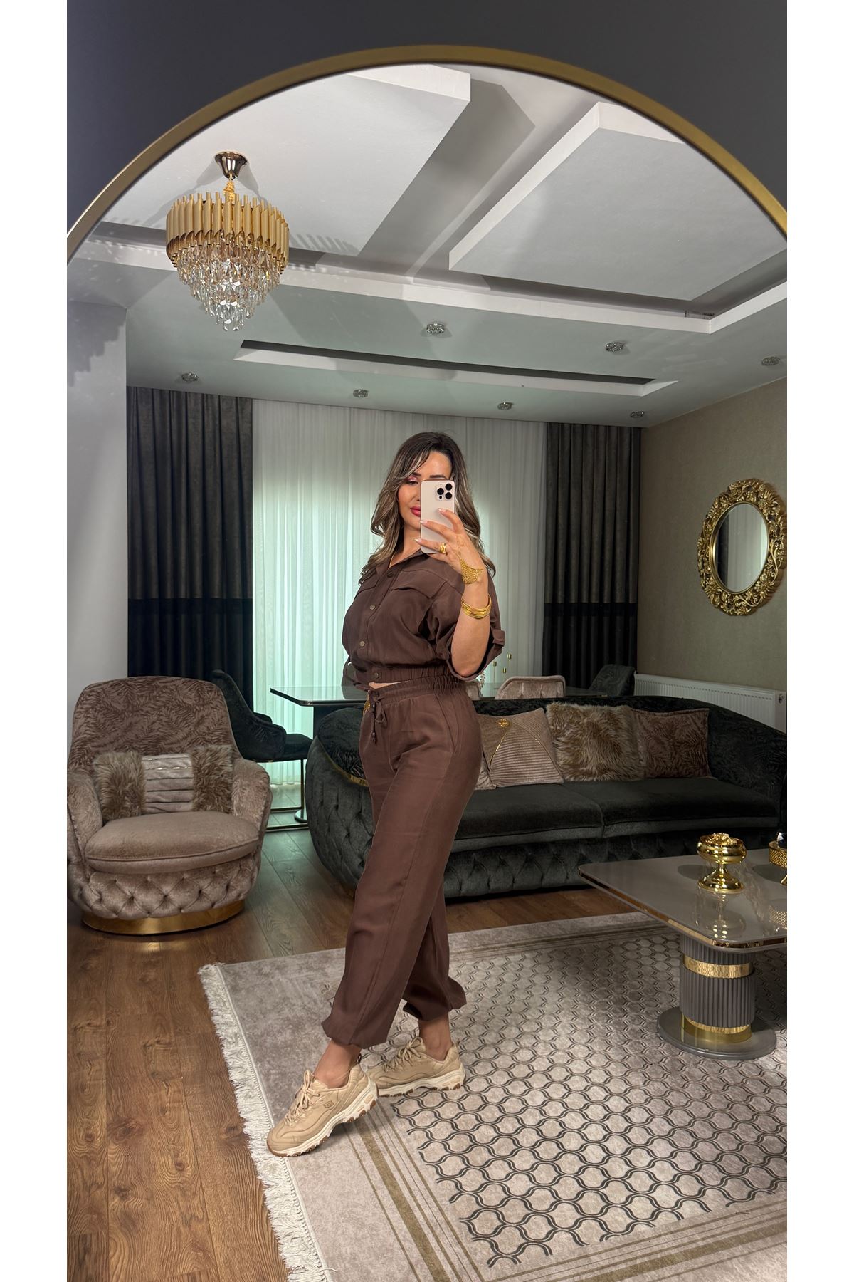 düğmeli kargo takım-acıkahve