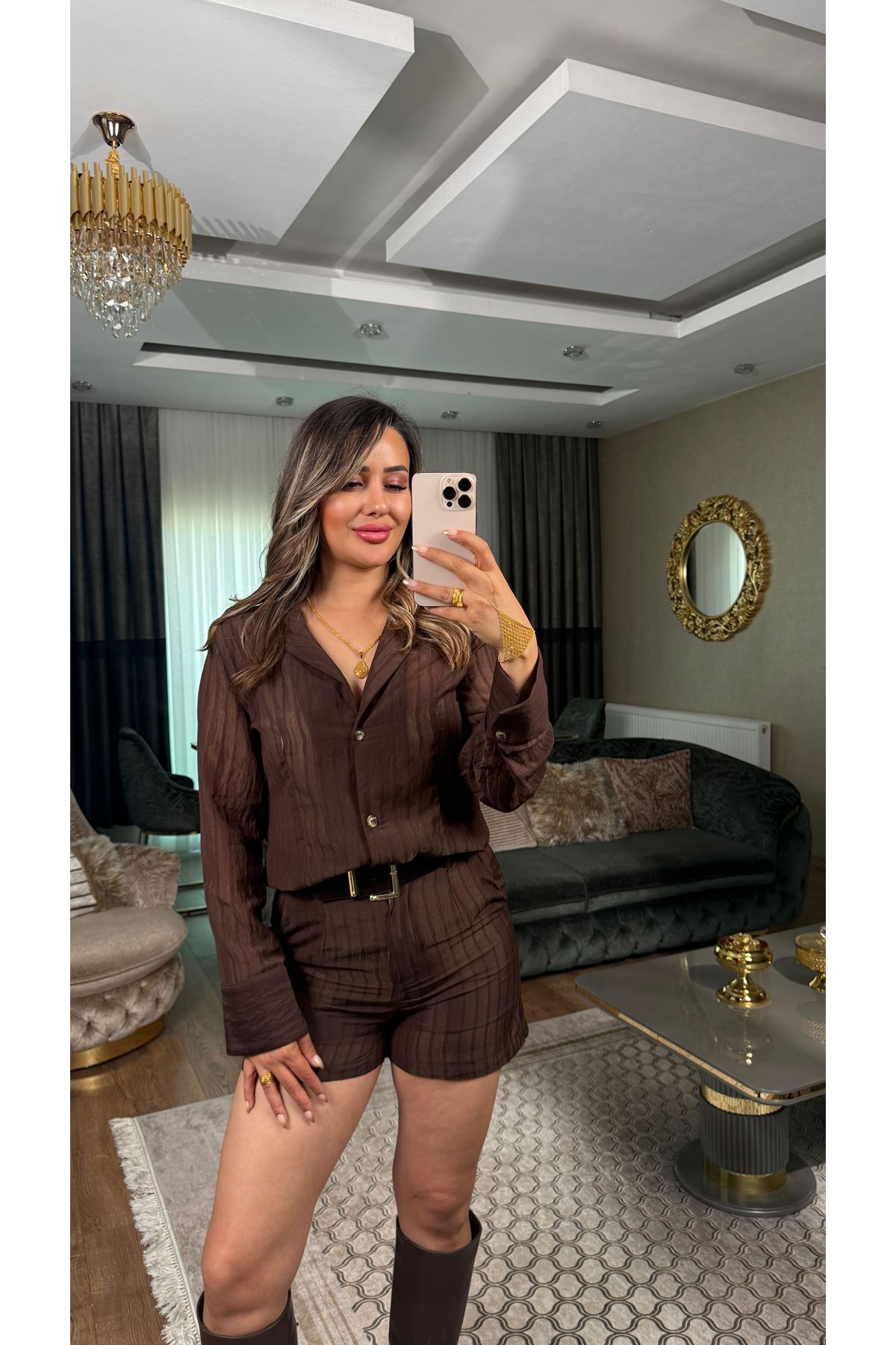 Quzu Transparan Dokulu gömlek-acıkahve