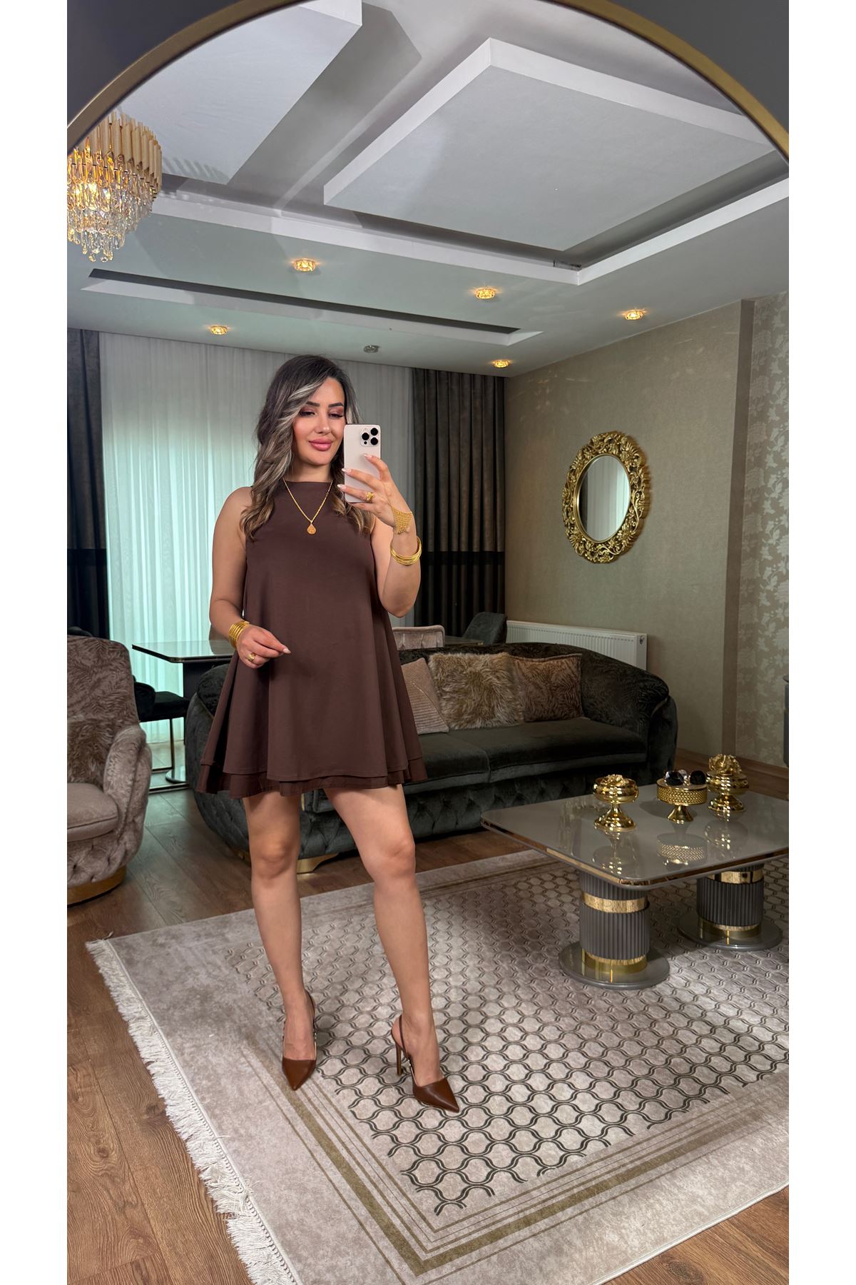 Dilvin volümlü kısa elbise-acıkahve