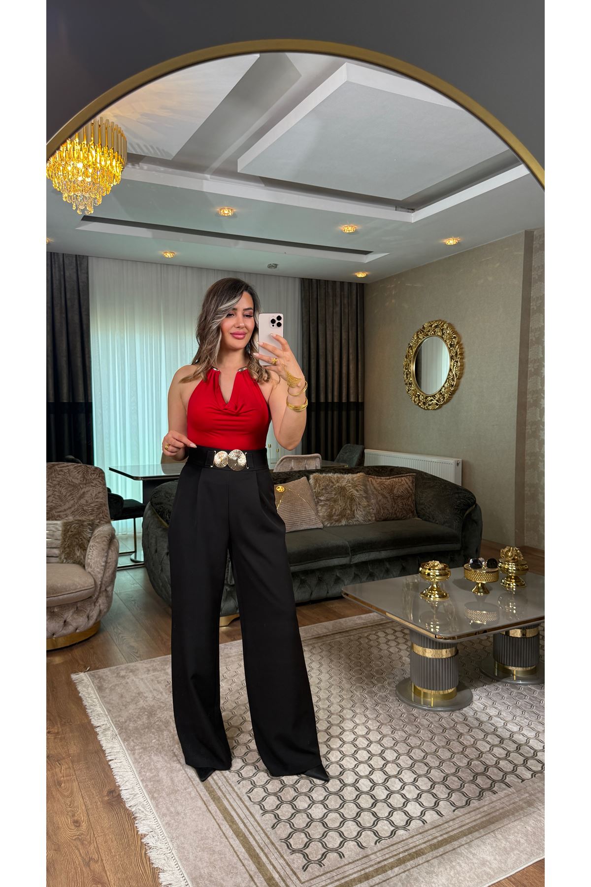 sateen toka aksesuar detaylı palazzo pantolon-siyah