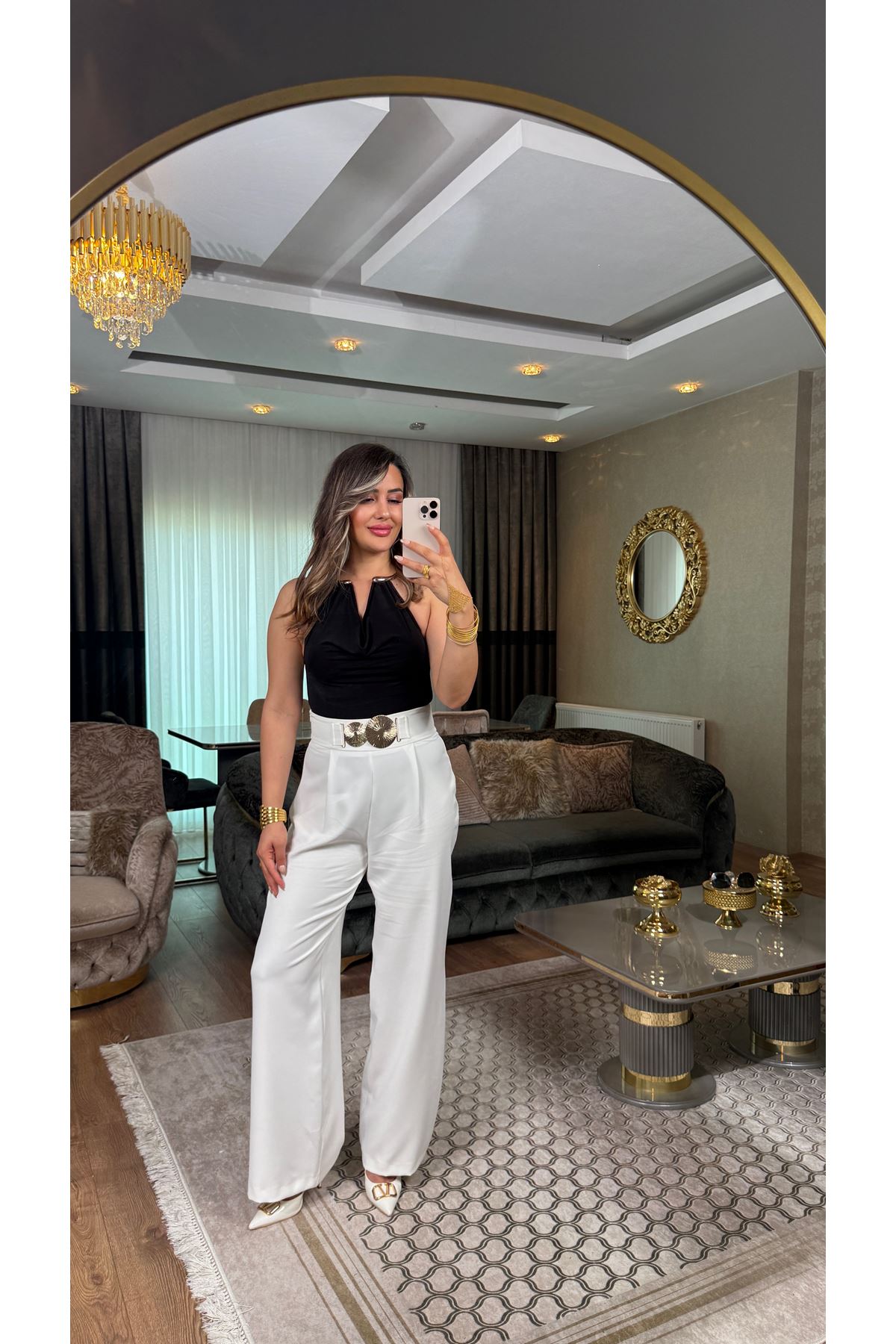 sateen toka aksesuar detaylı palazzo pantolon-ekru