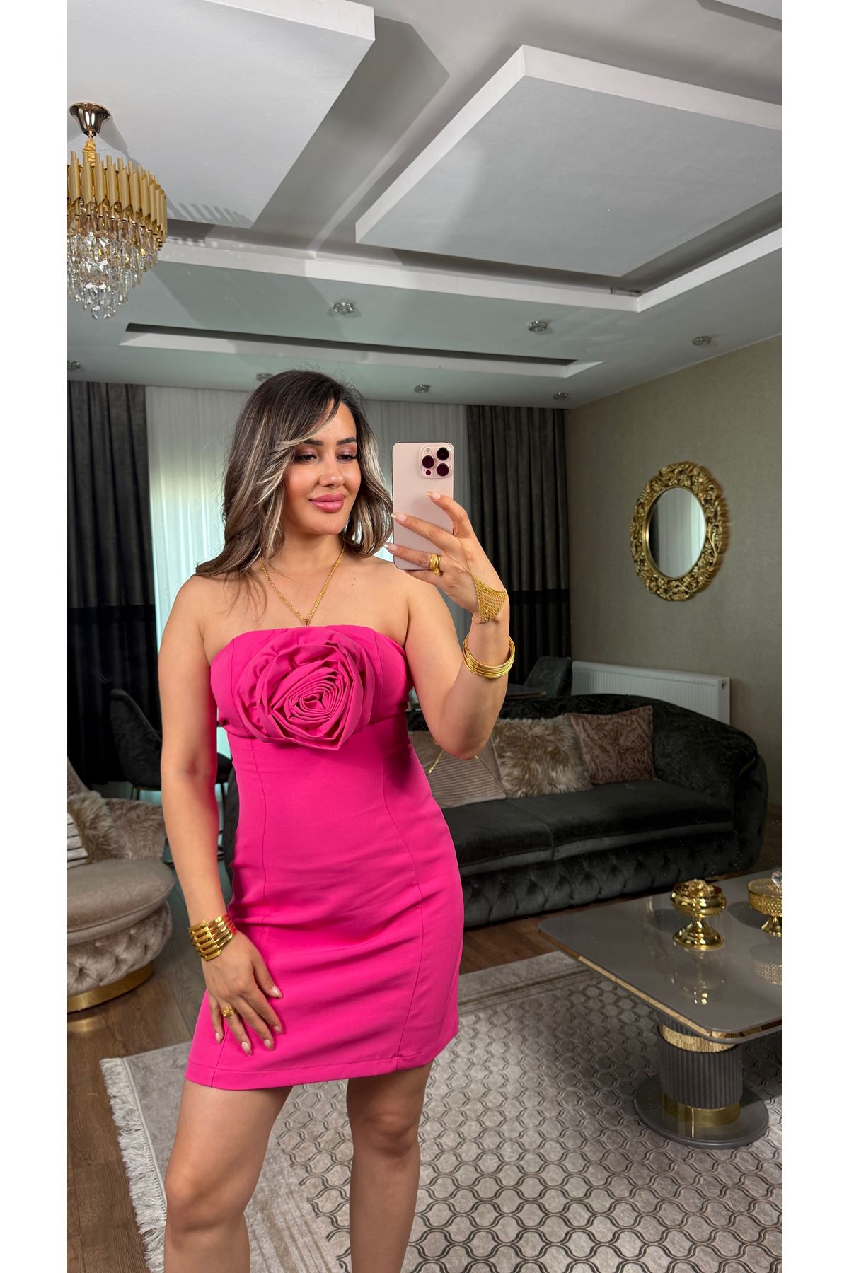 miss cix önü gül detaylı elbise-fuşya