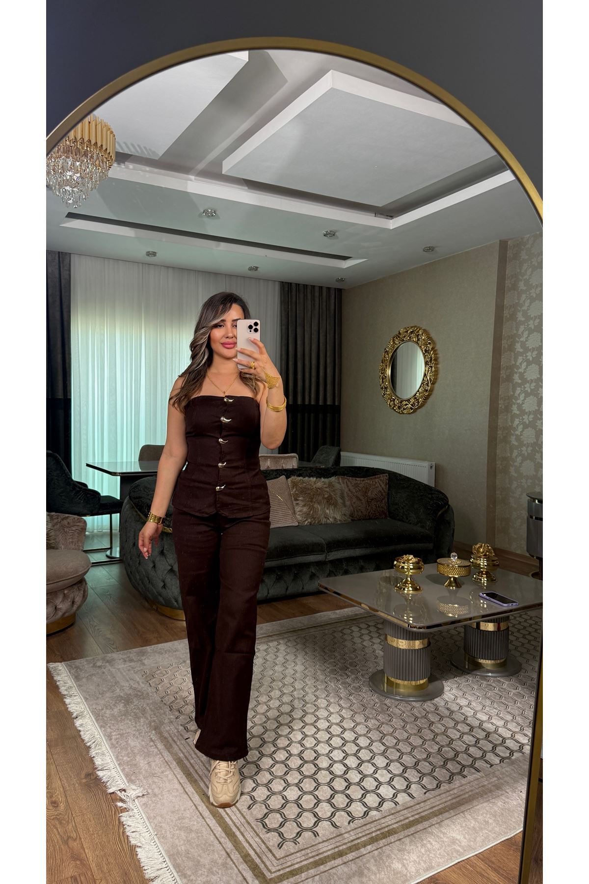 miss cix düğme detaylı straplez ikili takım-acıkahve