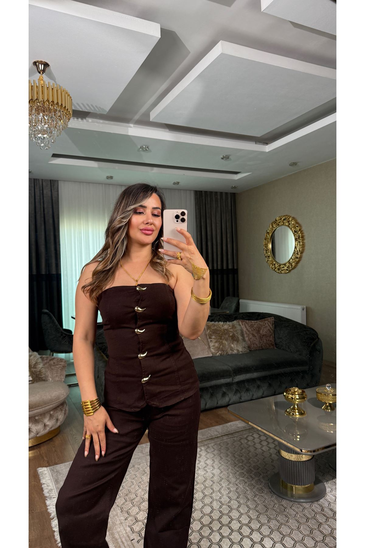 miss cix düğme detaylı straplez ikili takım-acıkahve