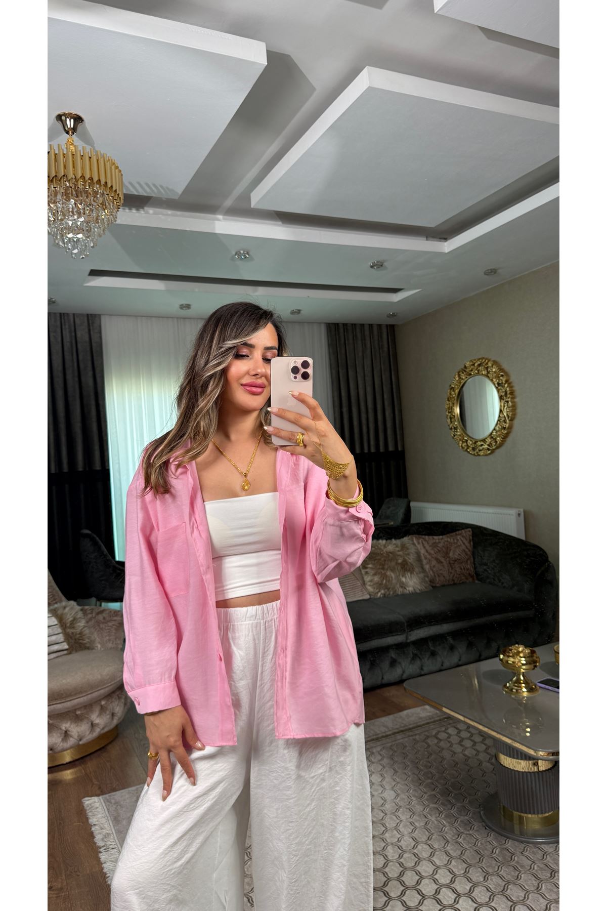 msperry düşük omuzlu oversize gömlek-pembe