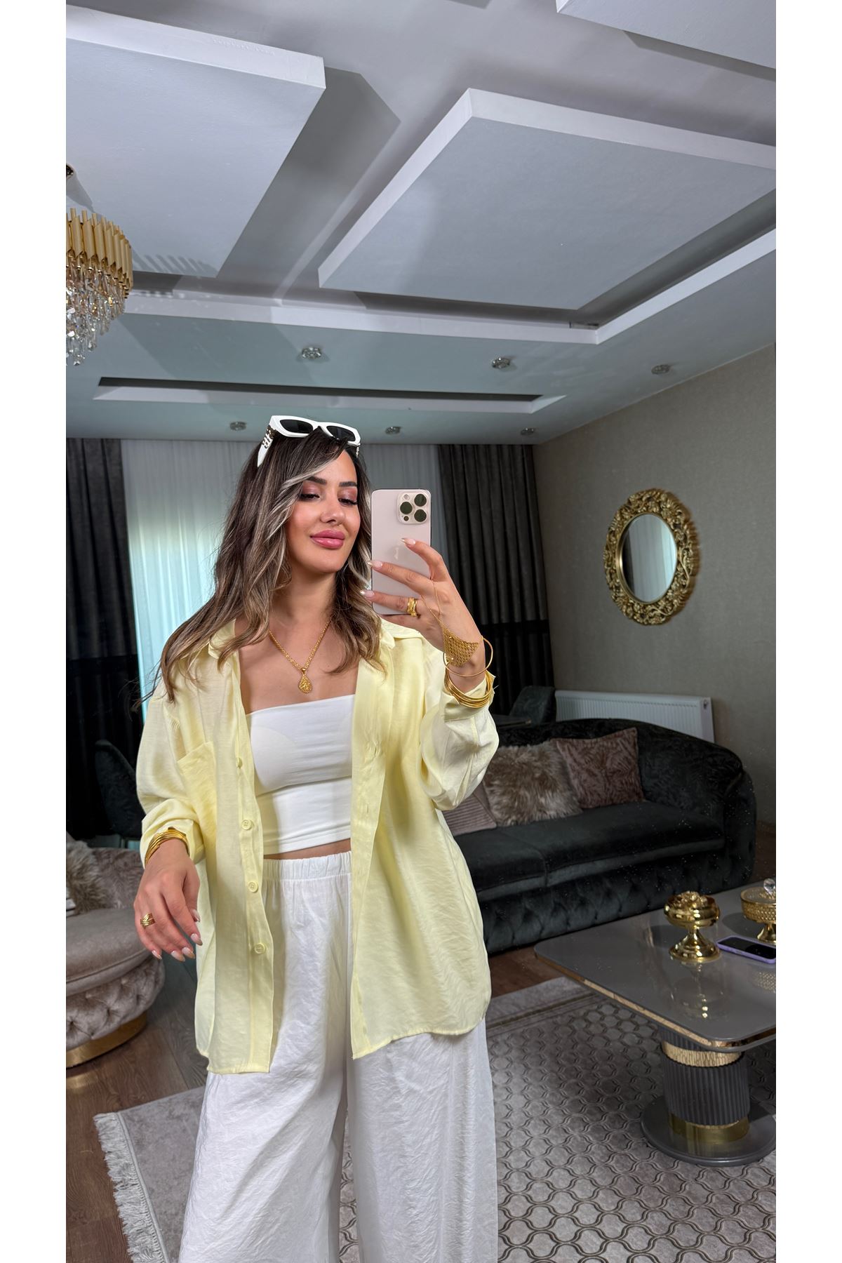 msperry düşük omuzlu oversize gömlek-sarı