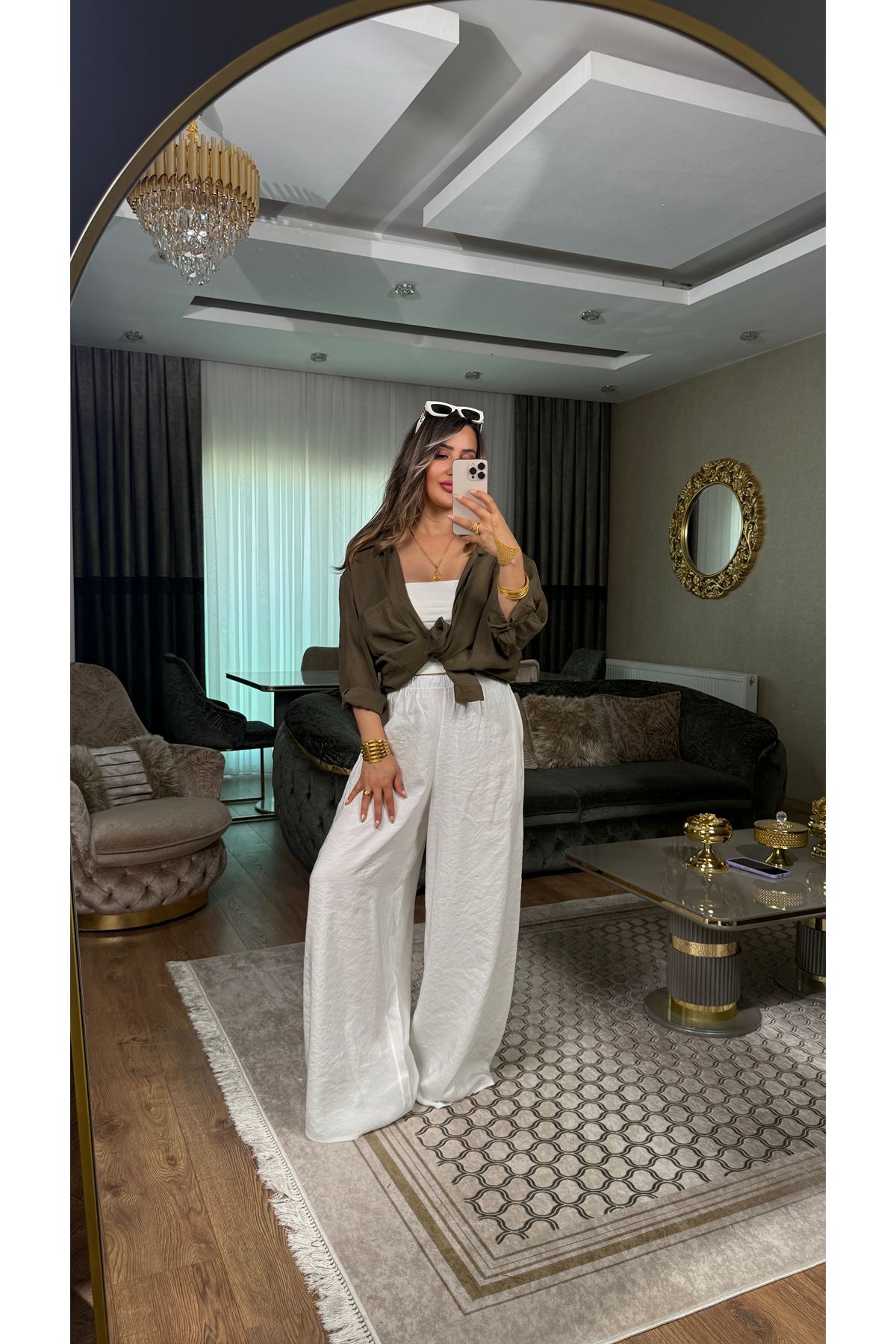 msperry beli lastikli keten pantolon-ekru