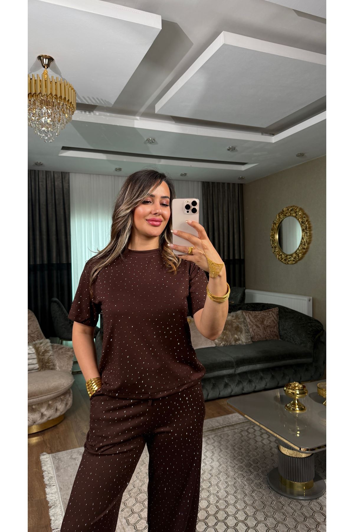 oysho taşlı basic kadın ikili takım-acıkahve