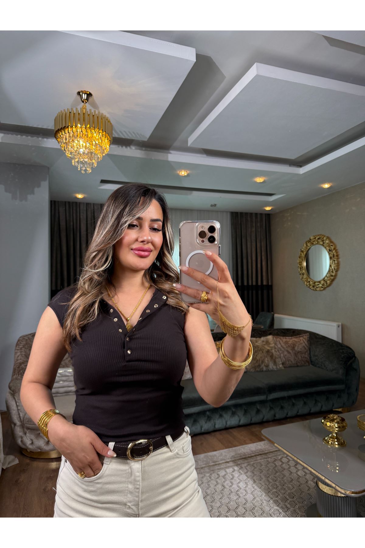 Dilvin düğmeli kısa kollu crop-acıkahve