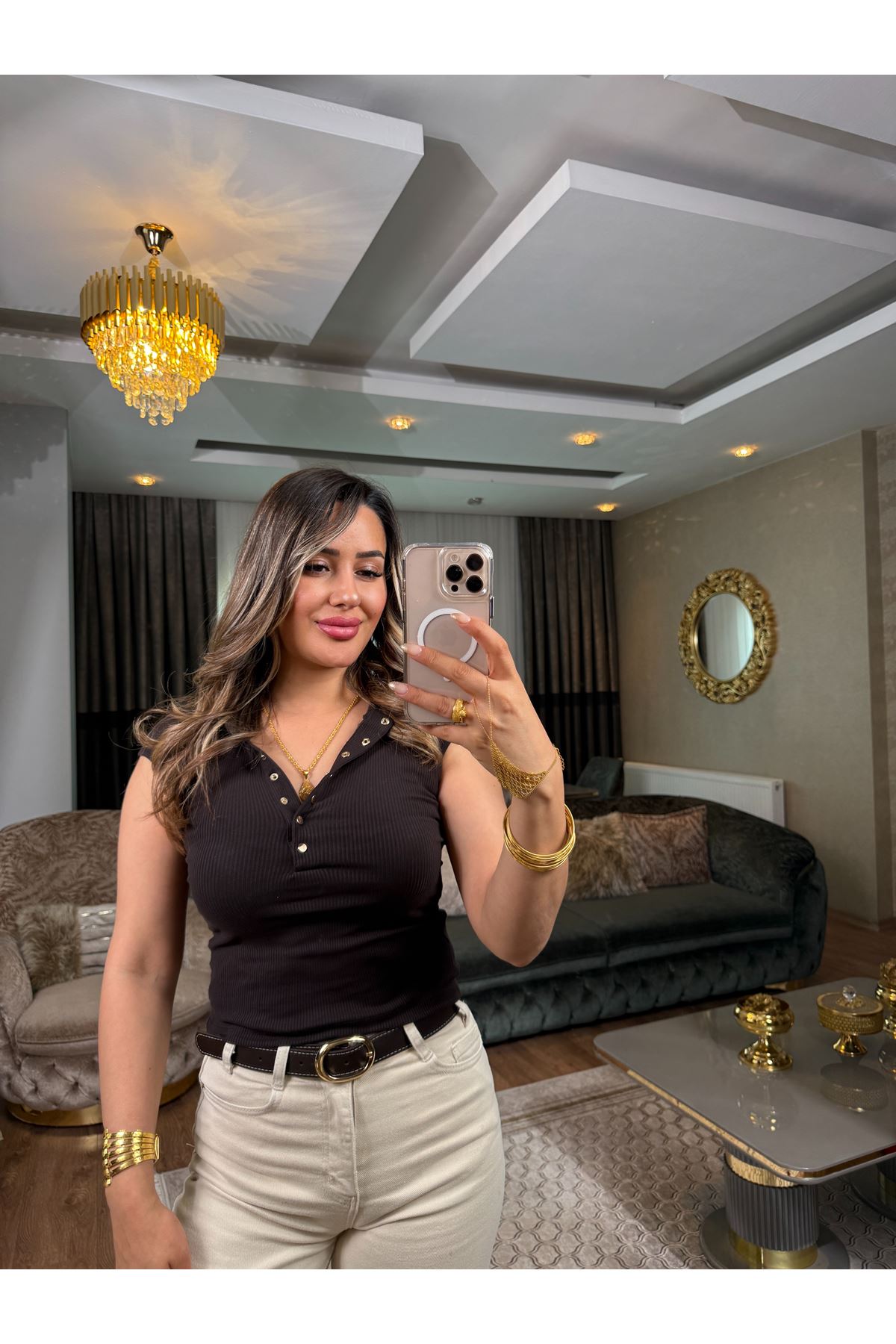 Dilvin düğmeli kısa kollu crop-acıkahve