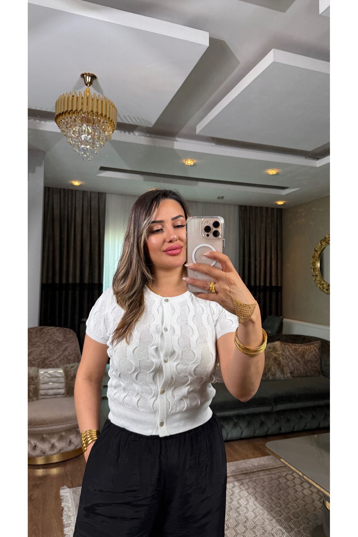 Dilvin bisiklet yaka dokulu düğmeli triko hırka-beyaz