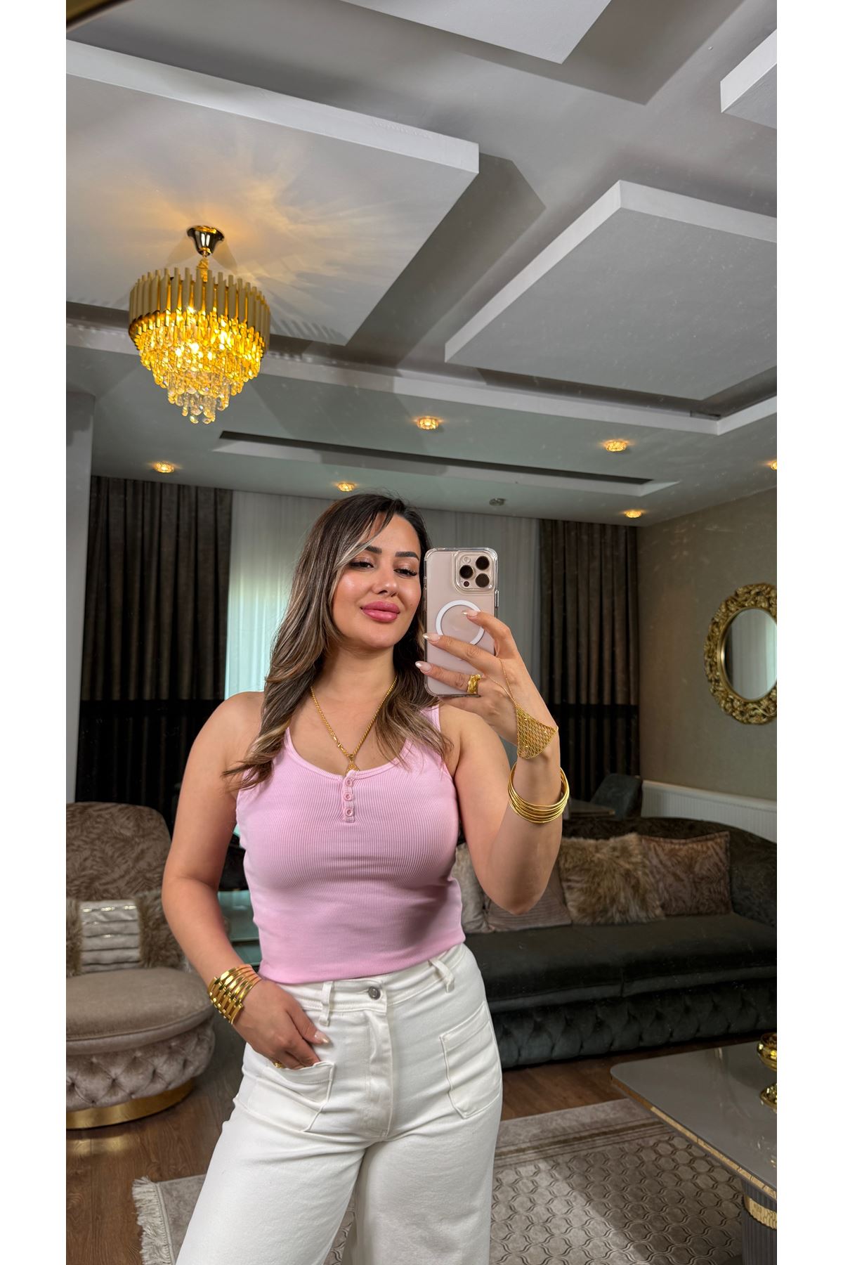 Dilvin düğmeli askılı crop-pembe